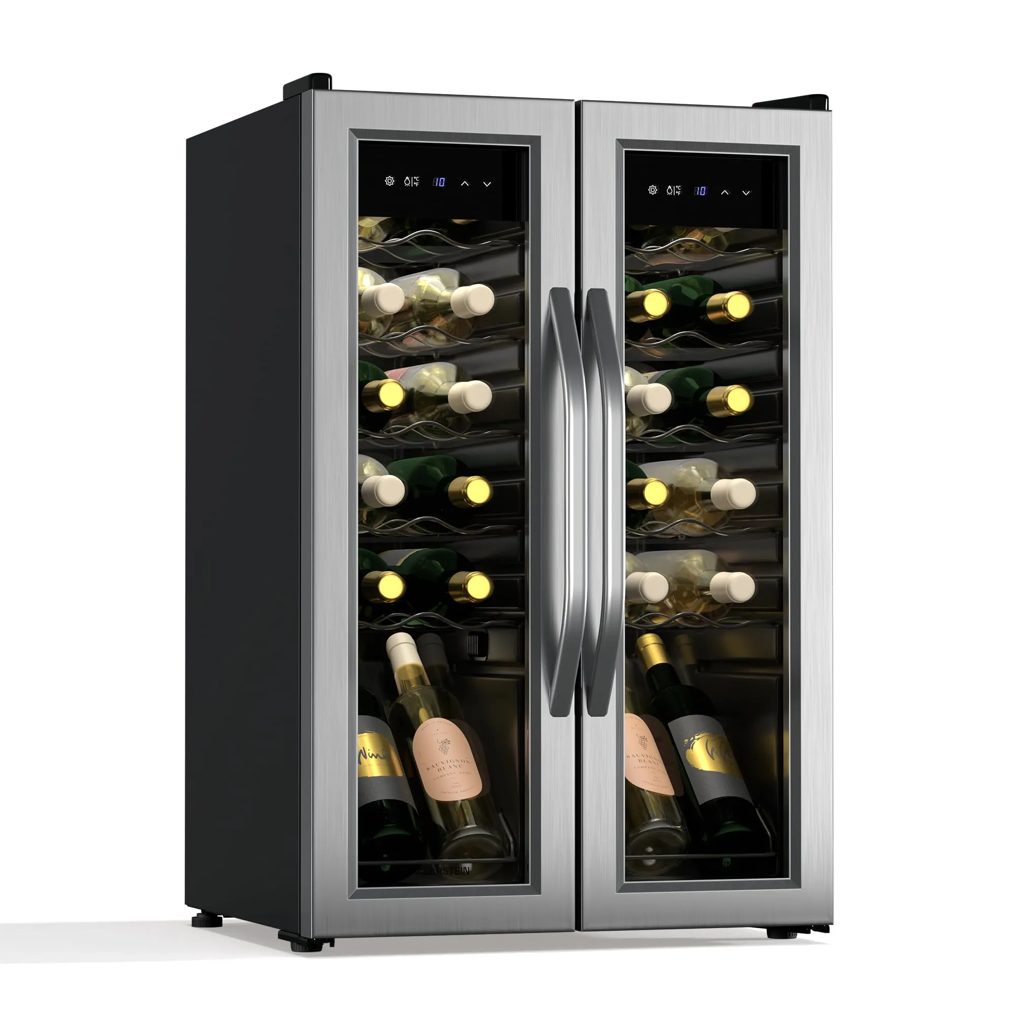 KLARSTEIN Vinamour - Frigorifero per Vino a 2 Zone - 24 Bottiglie, 5-18°C, Controllo Touch, Illuminazione LED, a Libera Installazione, Doppio Sportello in Acciaio Inox, Frigorifero per Vino - immagine 1