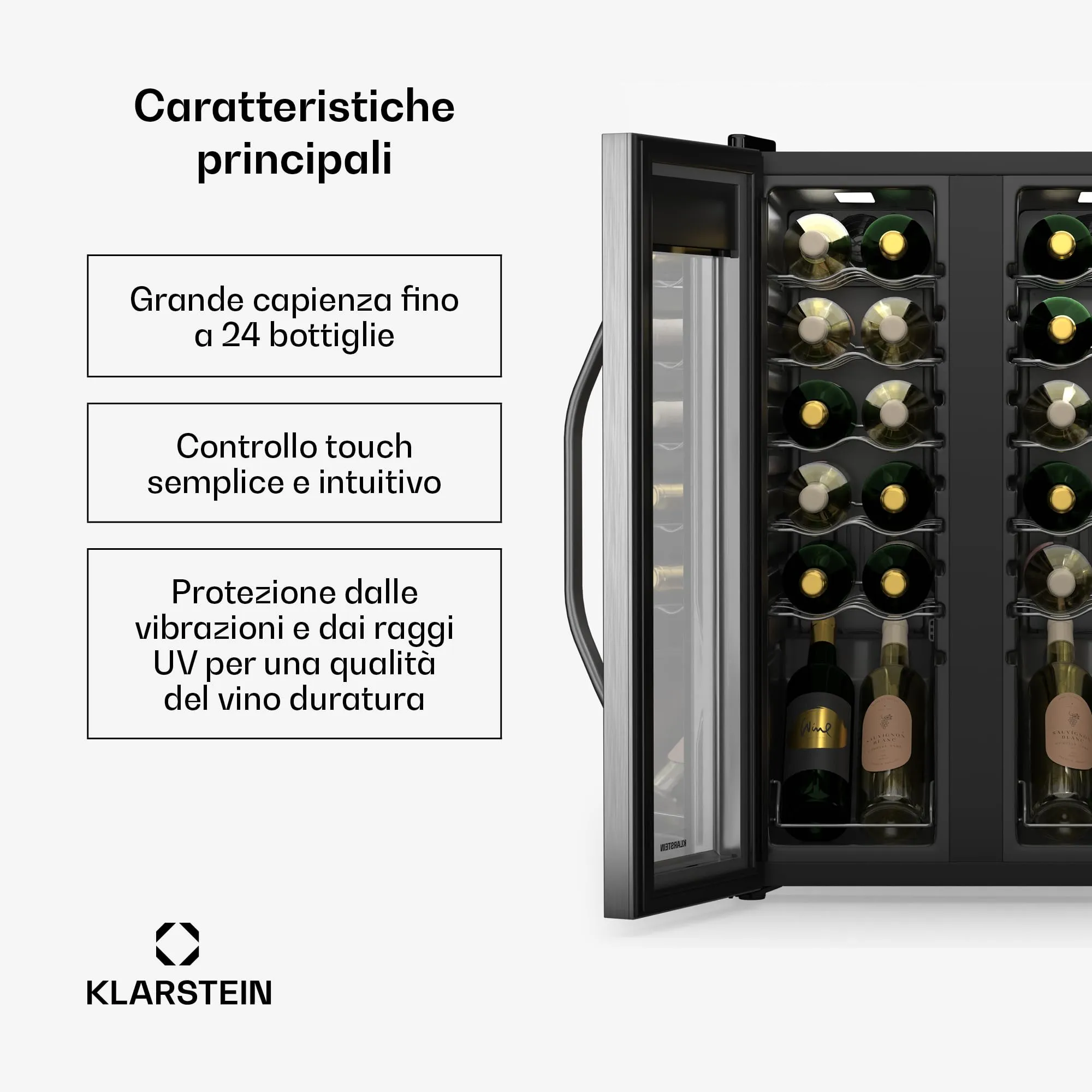 KLARSTEIN Vinamour - Frigorifero per Vino a 2 Zone - 24 Bottiglie, 5-18°C, Controllo Touch, Illuminazione LED, a Libera Installazione, Doppio Sportello in Acciaio Inox, Frigorifero per Vino - immagine 2