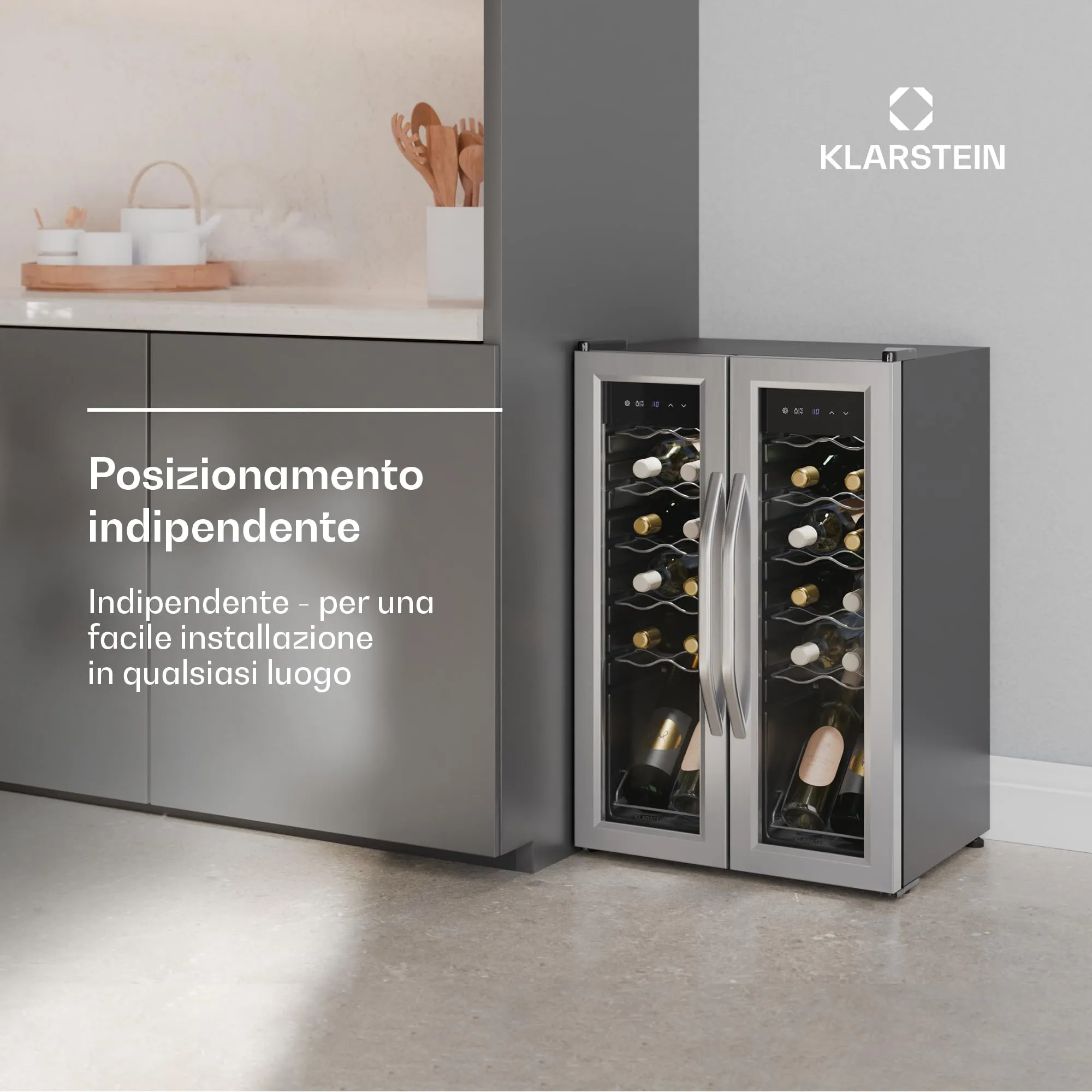 KLARSTEIN Vinamour - Frigorifero per Vino a 2 Zone - 24 Bottiglie, 5-18°C, Controllo Touch, Illuminazione LED, a Libera Installazione, Doppio Sportello in Acciaio Inox, Frigorifero per Vino - immagine 3