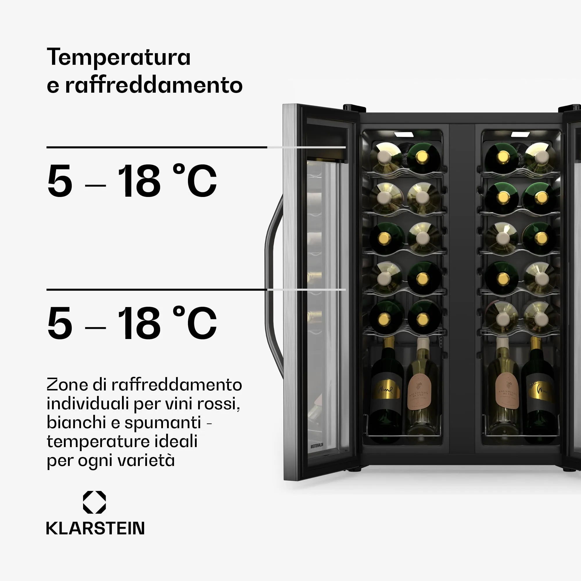 KLARSTEIN Vinamour - Frigorifero per Vino a 2 Zone - 24 Bottiglie, 5-18°C, Controllo Touch, Illuminazione LED, a Libera Installazione, Doppio Sportello in Acciaio Inox, Frigorifero per Vino - immagine 4