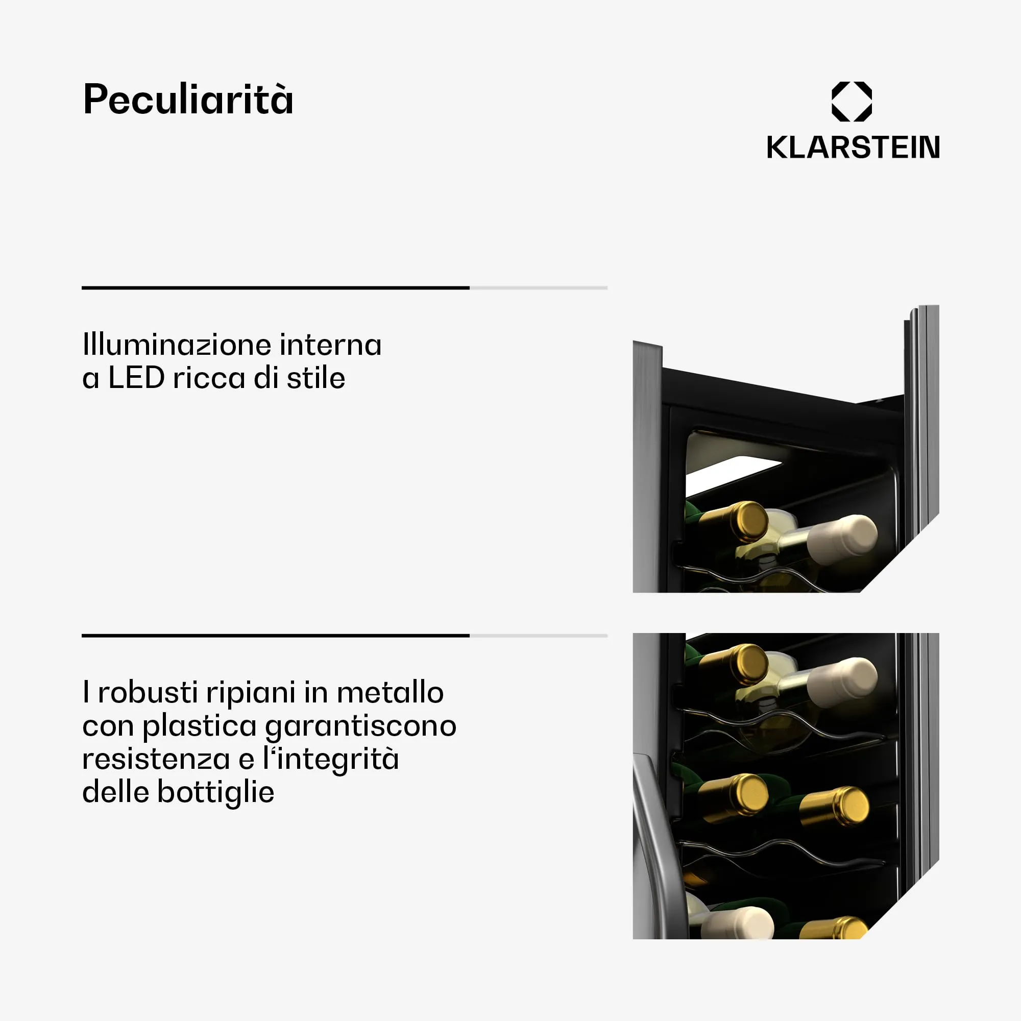 KLARSTEIN Vinamour - Frigorifero per Vino a 2 Zone - 24 Bottiglie, 5-18°C, Controllo Touch, Illuminazione LED, a Libera Installazione, Doppio Sportello in Acciaio Inox, Frigorifero per Vino - immagine 5