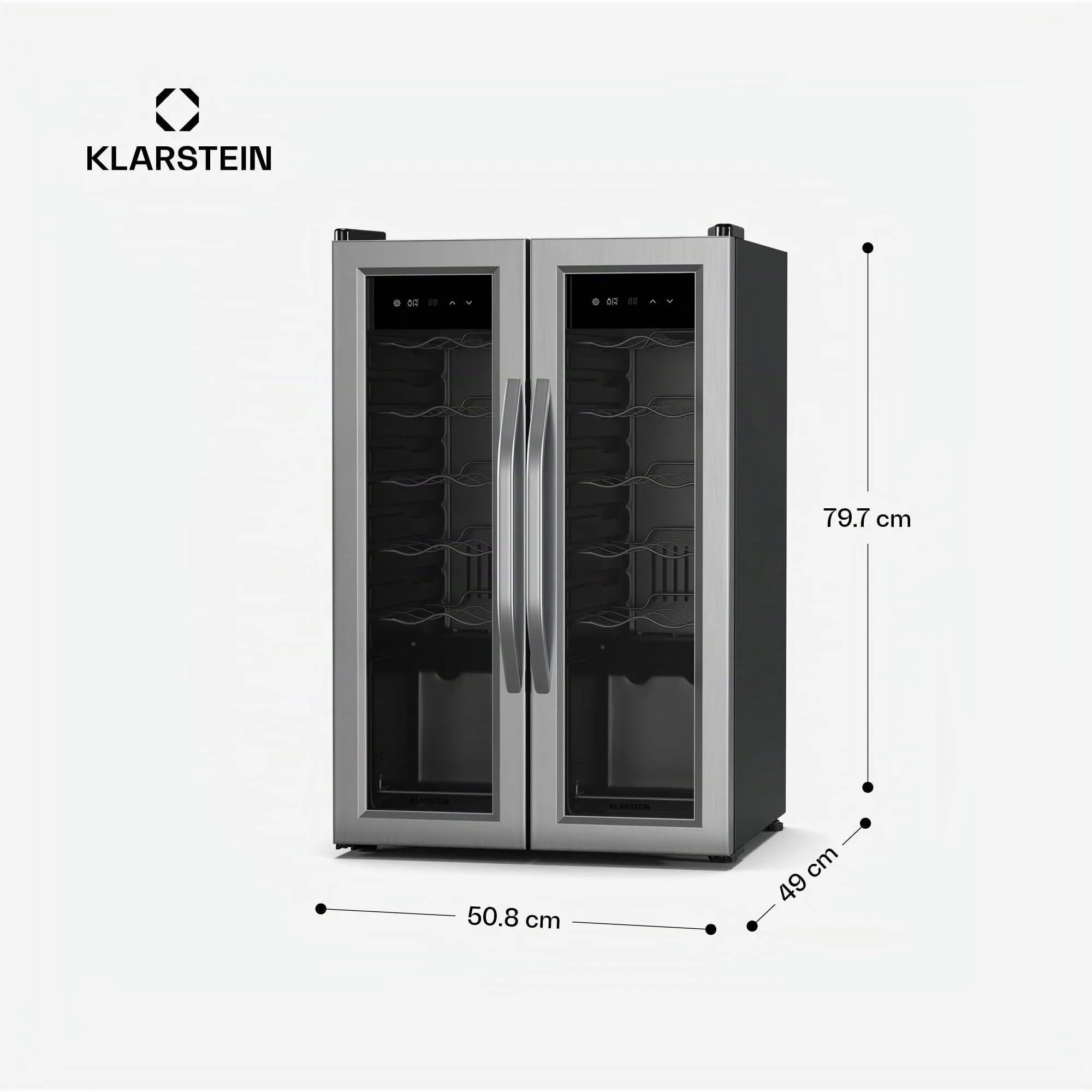 KLARSTEIN Vinamour - Frigorifero per Vino a 2 Zone - 24 Bottiglie, 5-18°C, Controllo Touch, Illuminazione LED, a Libera Installazione, Doppio Sportello in Acciaio Inox, Frigorifero per Vino - immagine 7