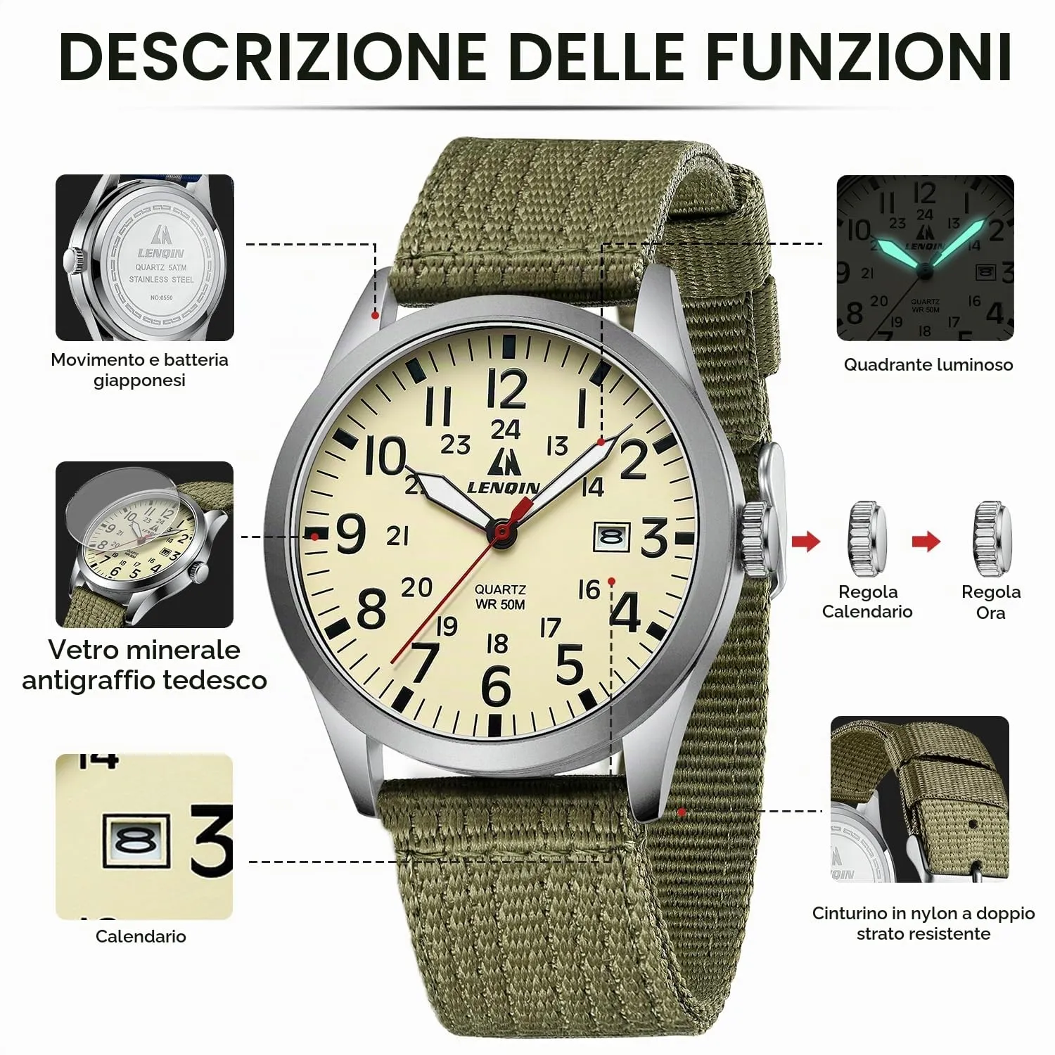 LN LENQIN Orologio Uomo Militare Analogico Quarzo Nylon Datario 3ATM - immagine 4