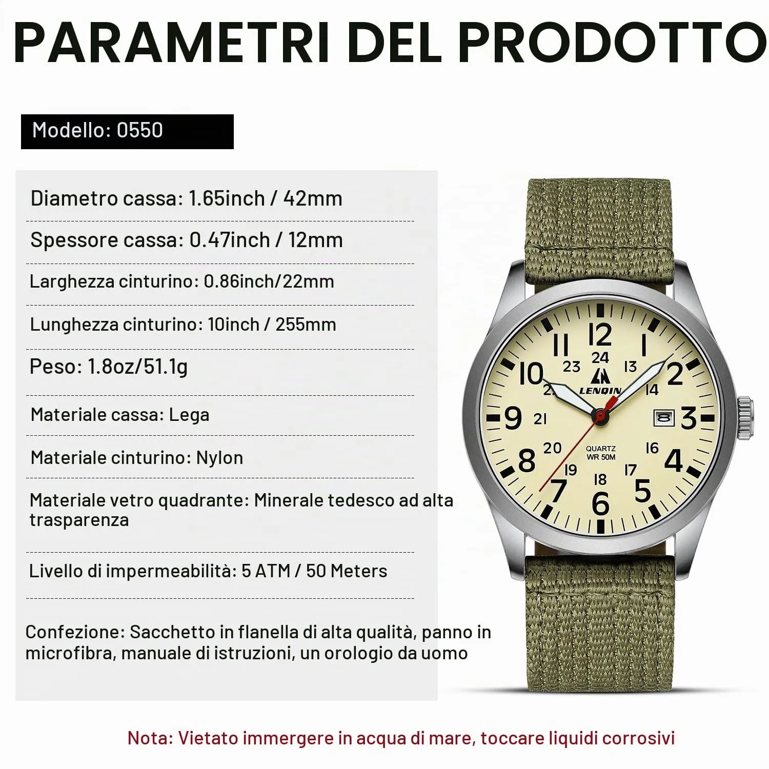 LN LENQIN Orologio Uomo Militare Analogico Quarzo Nylon Datario 3ATM - immagine 5