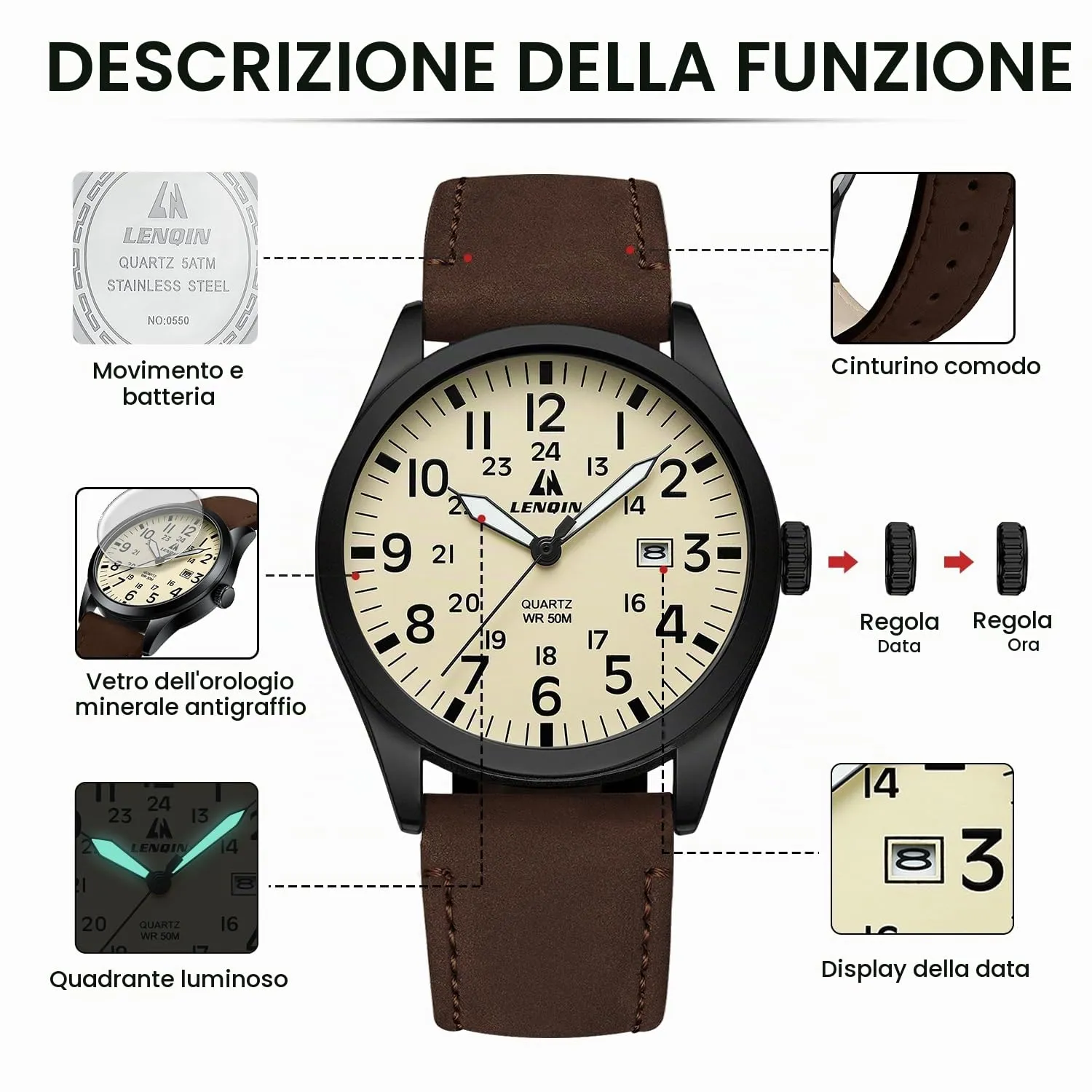 LN LENQIN Orologio Uomo Militare Analogico Quarzo Nylon Datario 3ATM - immagine 6