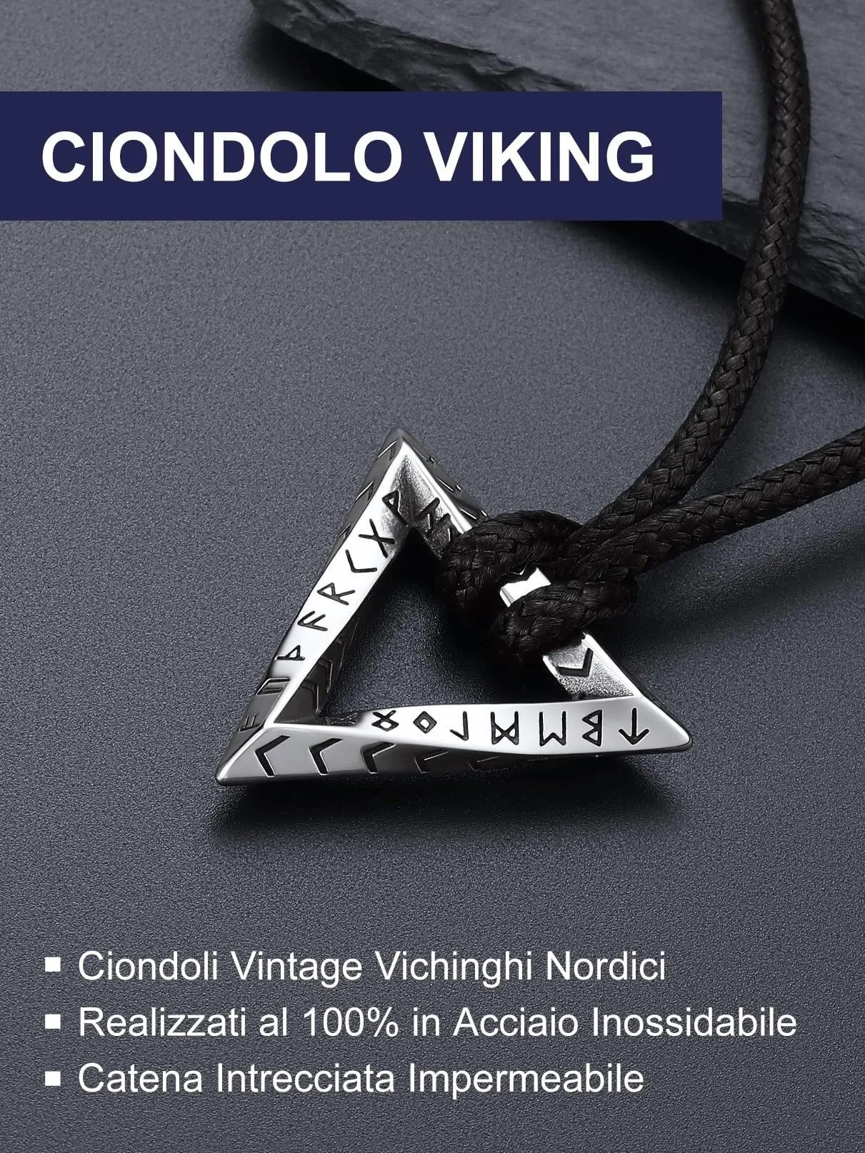 Bandmax Collana Uomo Runa Vichinga in Acciaio Inossidabile/Nero, Ciondolo runico Mobius Triangolare con Catena in Pelle Intrecciata Nera Amuleto Gioielli Vichinghi per Donna e Uomo - immagine 4