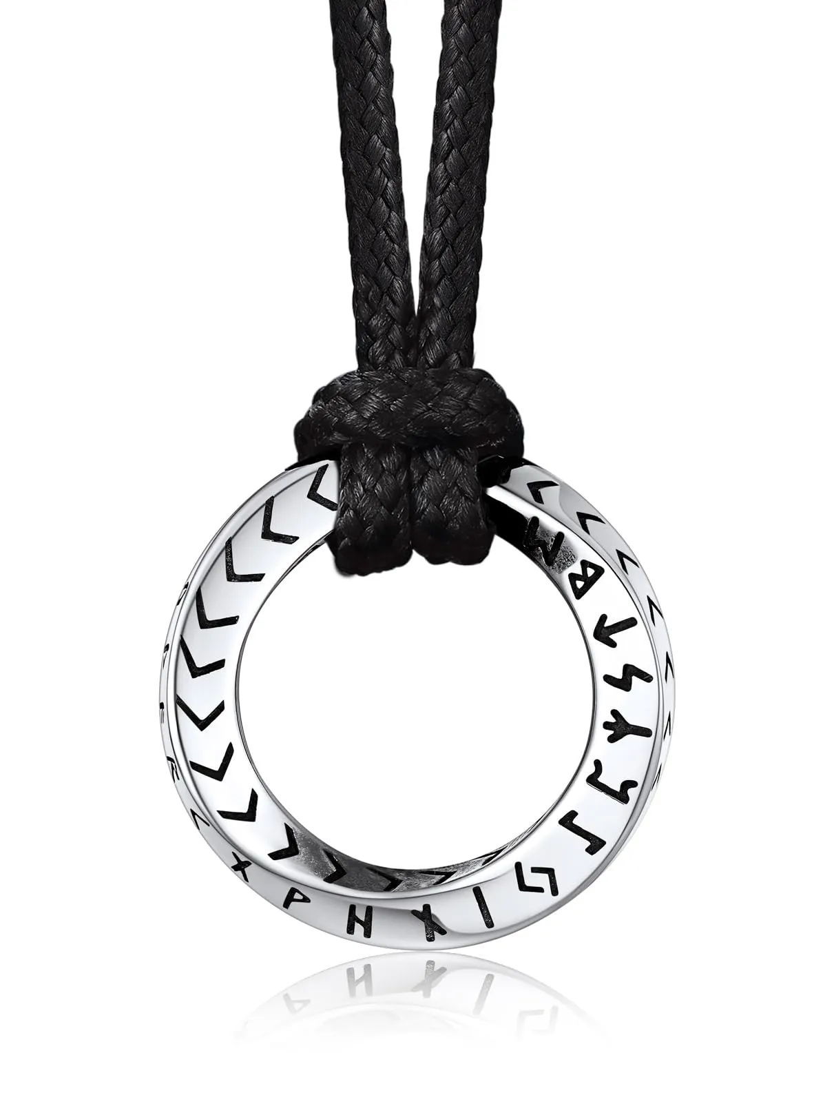 Bandmax Collana Uomo Runa Vichinga in Acciaio Inossidabile/Nero, Ciondolo runico Mobius Rotondo con Catena in Pelle Intrecciata Nera Amuleto Gioielli Vichinghi per Donna e Uomo - immagine 1