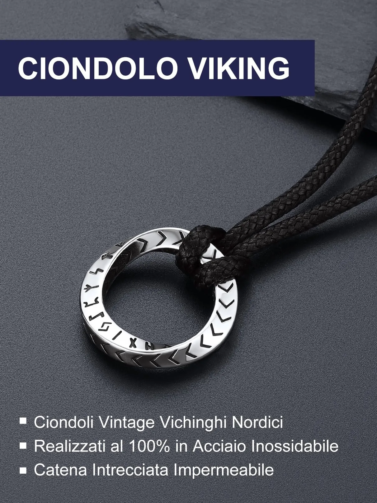 Bandmax Collana Uomo Runa Vichinga in Acciaio Inossidabile/Nero, Ciondolo runico Mobius Rotondo con Catena in Pelle Intrecciata Nera Amuleto Gioielli Vichinghi per Donna e Uomo - immagine 3