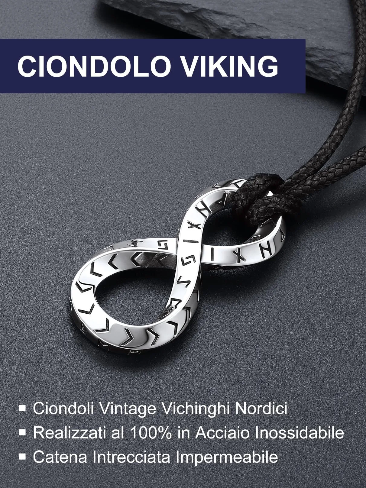 Bandmax Collana Uomo Runa Vichinga in Acciaio Inossidabile/Nero, Ciondolo runico Mobius Infinito con Catena in Pelle Intrecciata Nera Amuleto Gioielli Vichinghi per Donna e Uomo - immagine 5
