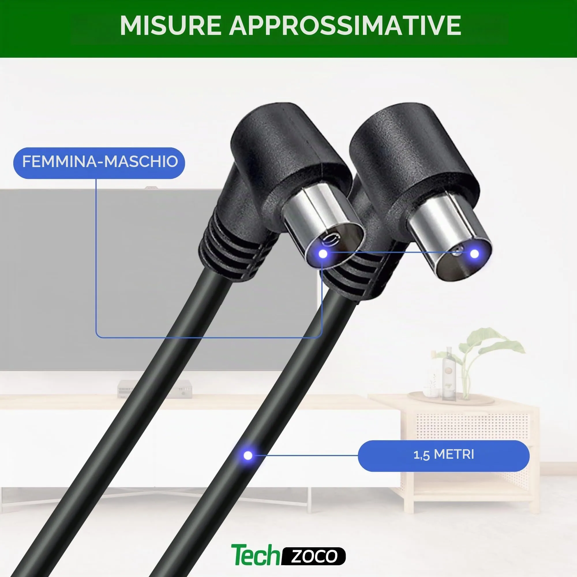 TECHZOCO Cavo antenna TV maschio femmina, cavo coassiale antenna TV, cavo antenna TV 90° a gomito cavo TV, decoder, 70dB, HDTV, DVB-T2, DVB-C, DVB-S, TV e radio, 75 Ohm, nero, 1,5 metri - immagine 3