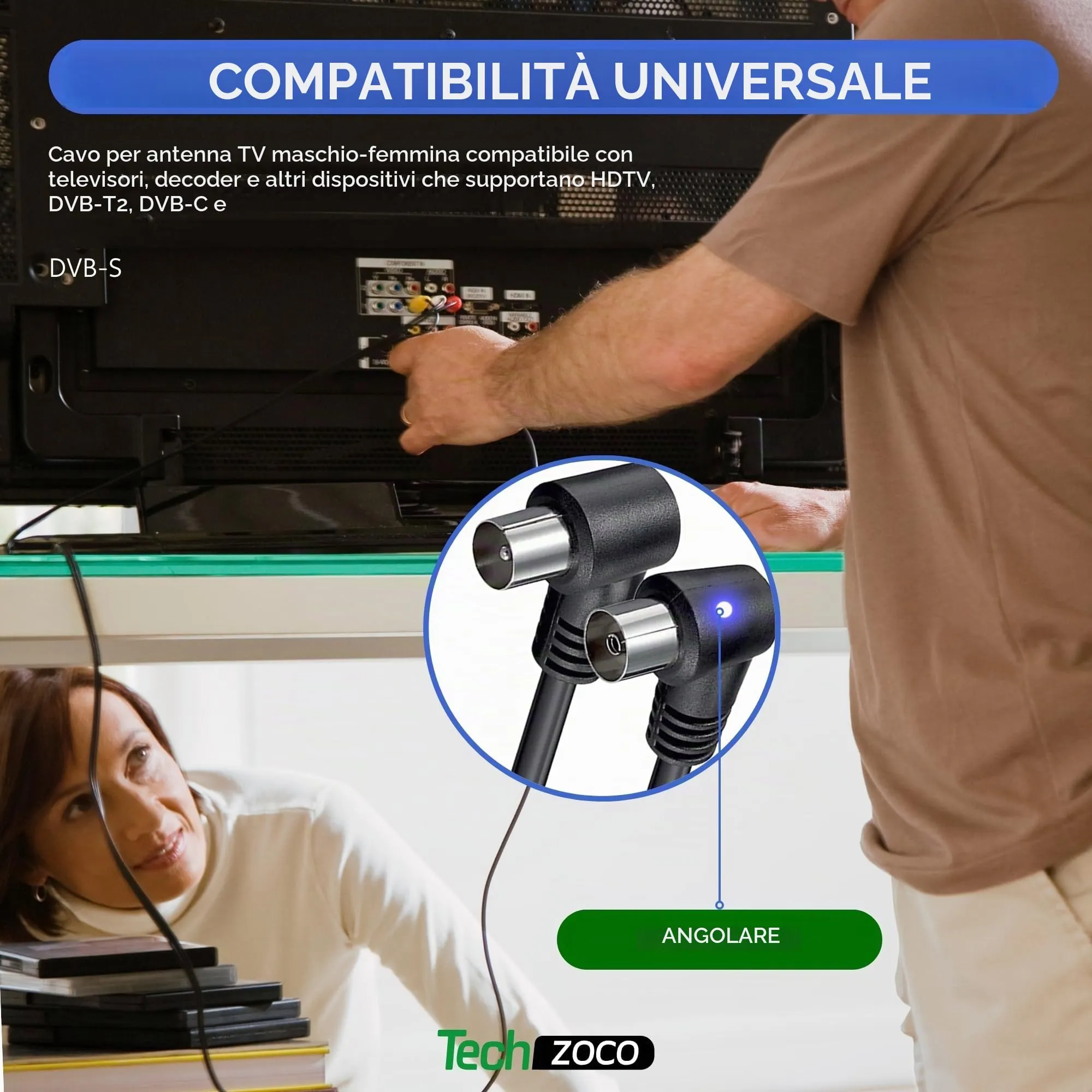TECHZOCO Cavo antenna TV maschio femmina, cavo coassiale antenna TV, cavo antenna TV 90° a gomito cavo TV, decoder, 70dB, HDTV, DVB-T2, DVB-C, DVB-S, TV e radio, 75 Ohm, nero, 1,5 metri - immagine 5