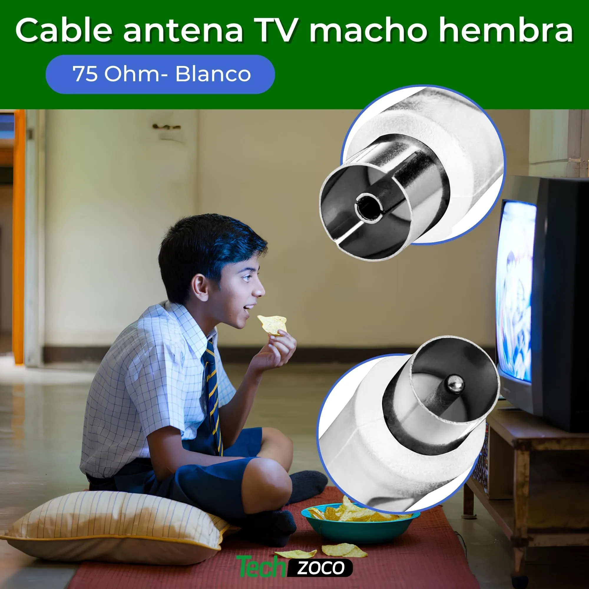 TECHZOCO Cavo antenna TV maschio femmina, coassiale 90°, per TV e decoder, 70dB, HDTV, DVB-T2/C/S, 75 Ohm, bianco, 2,5 metri - immagine 2