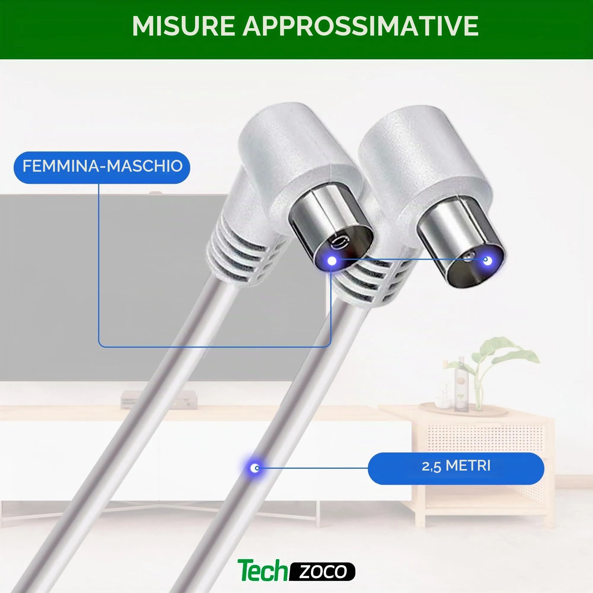 TECHZOCO Cavo antenna TV maschio femmina, coassiale 90°, per TV e decoder, 70dB, HDTV, DVB-T2/C/S, 75 Ohm, bianco, 2,5 metri - immagine 3