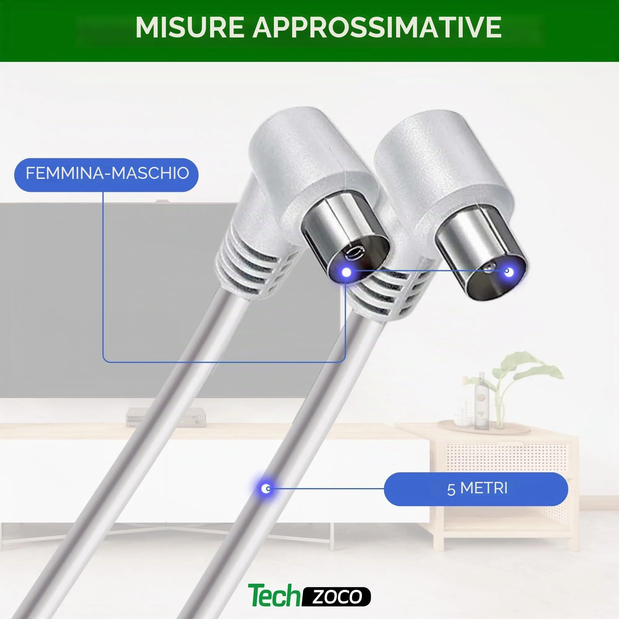 TECHZOCO cavo antenna TV maschio femmina, cavo coassiale TV, decoder, 70dB, HDTV, DVB-T2, DVB-C, tv e radio, 75 Ohm, bianco, 5 metri - immagine 3