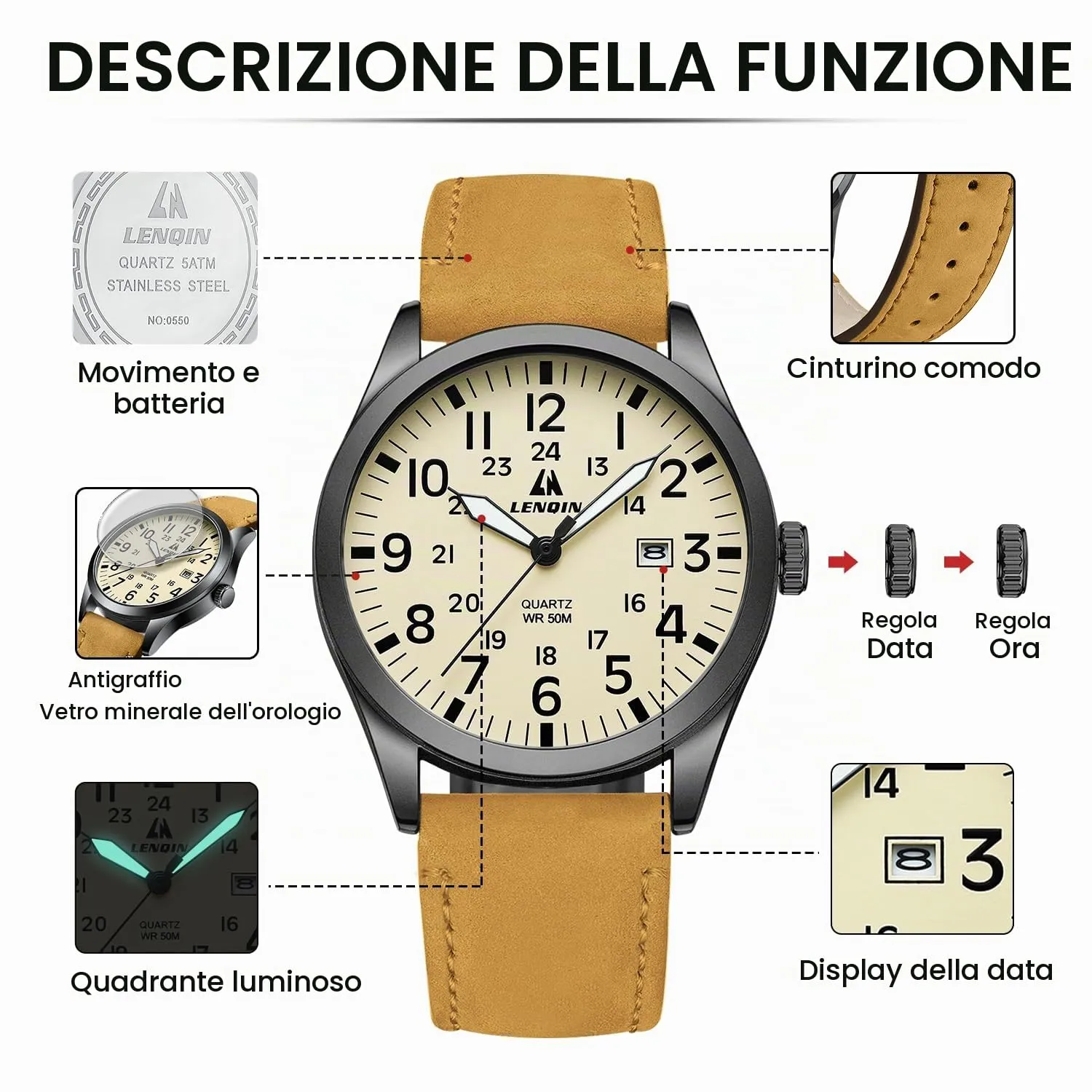 LN LENQIN Orologio Uomo Militare Analogico Quarzo Nylon Datario 3ATM - immagine 6