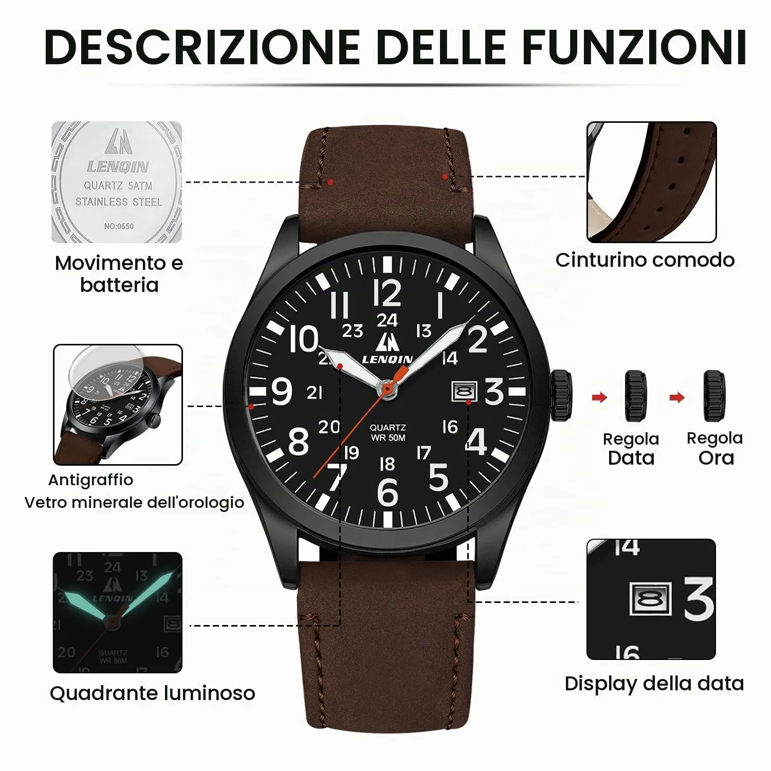 LN LENQIN Orologio Uomo Militare Analogico Quarzo Nylon Datario 3ATM - immagine 6