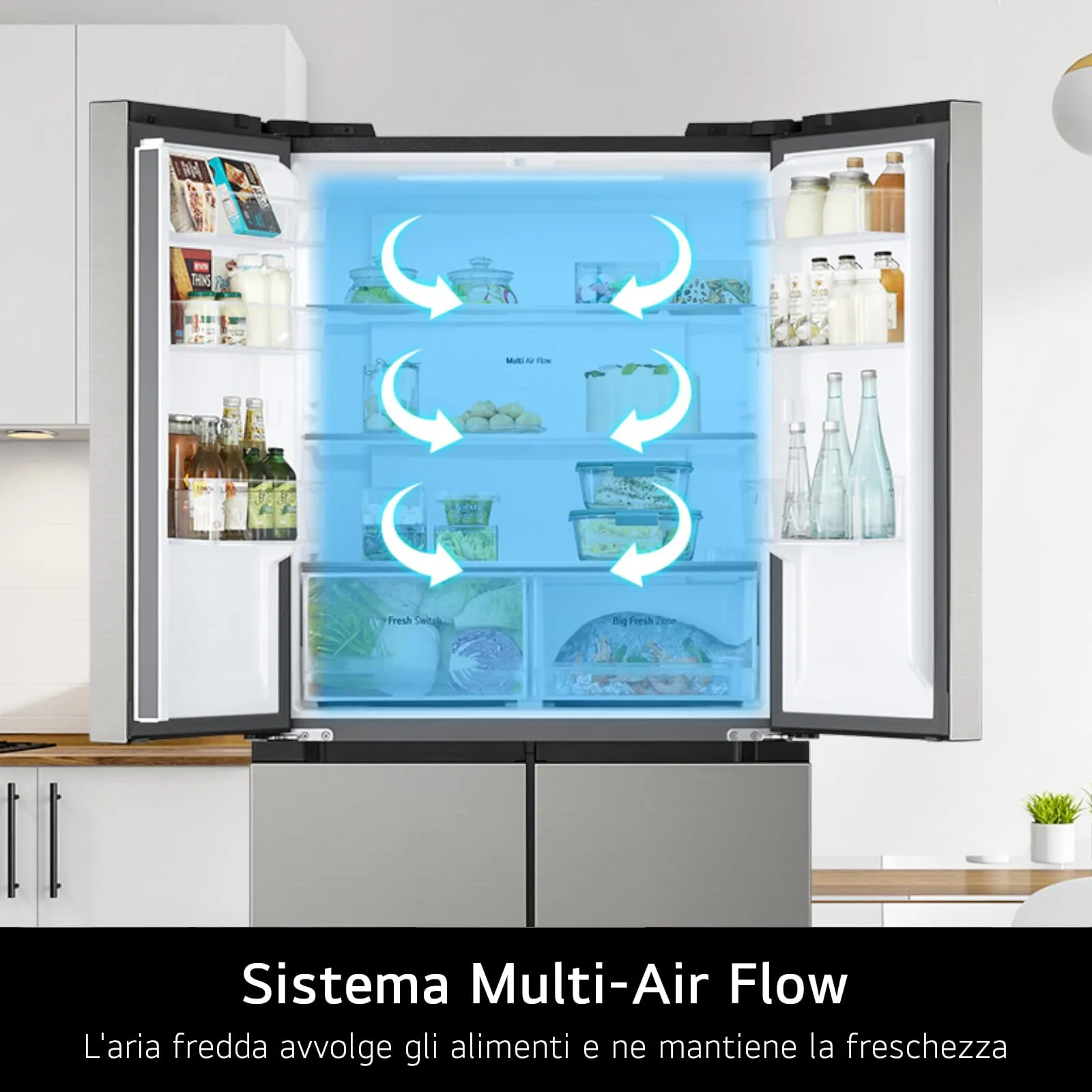 LG GMM41MSBEM Frigorifero 4 Porte Slim, Capacità 474L, Total No Frost con Multi Air Flow, Cassetto Zero Gradi Convertibile Fresh Switch, Ripiani in Vetro Temperato, Illuminazione LED, Classe E, Silver - immagine 8