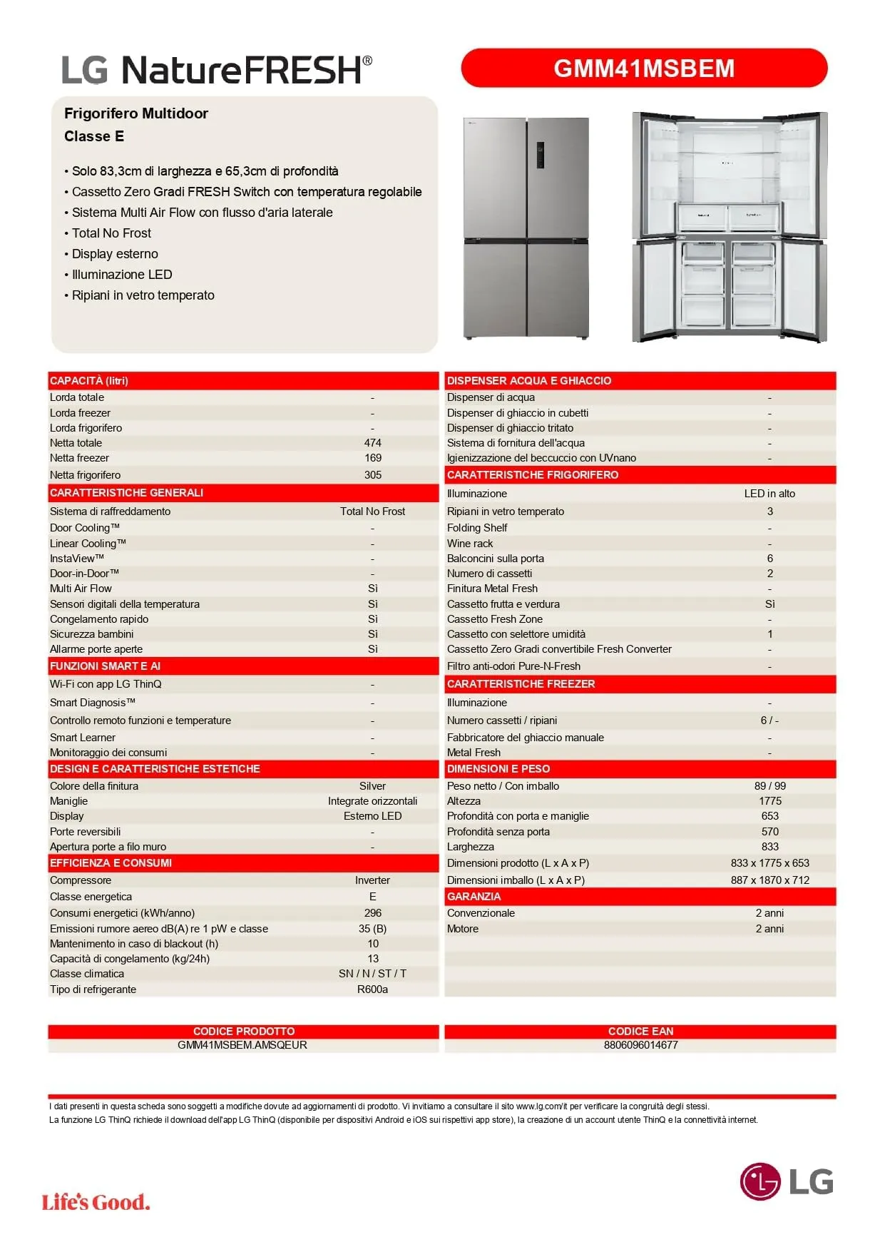 LG GMM41MSBEM Frigorifero 4 Porte Slim, Capacità 474L, Total No Frost con Multi Air Flow, Cassetto Zero Gradi Convertibile Fresh Switch, Ripiani in Vetro Temperato, Illuminazione LED, Classe E, Silver - immagine 14