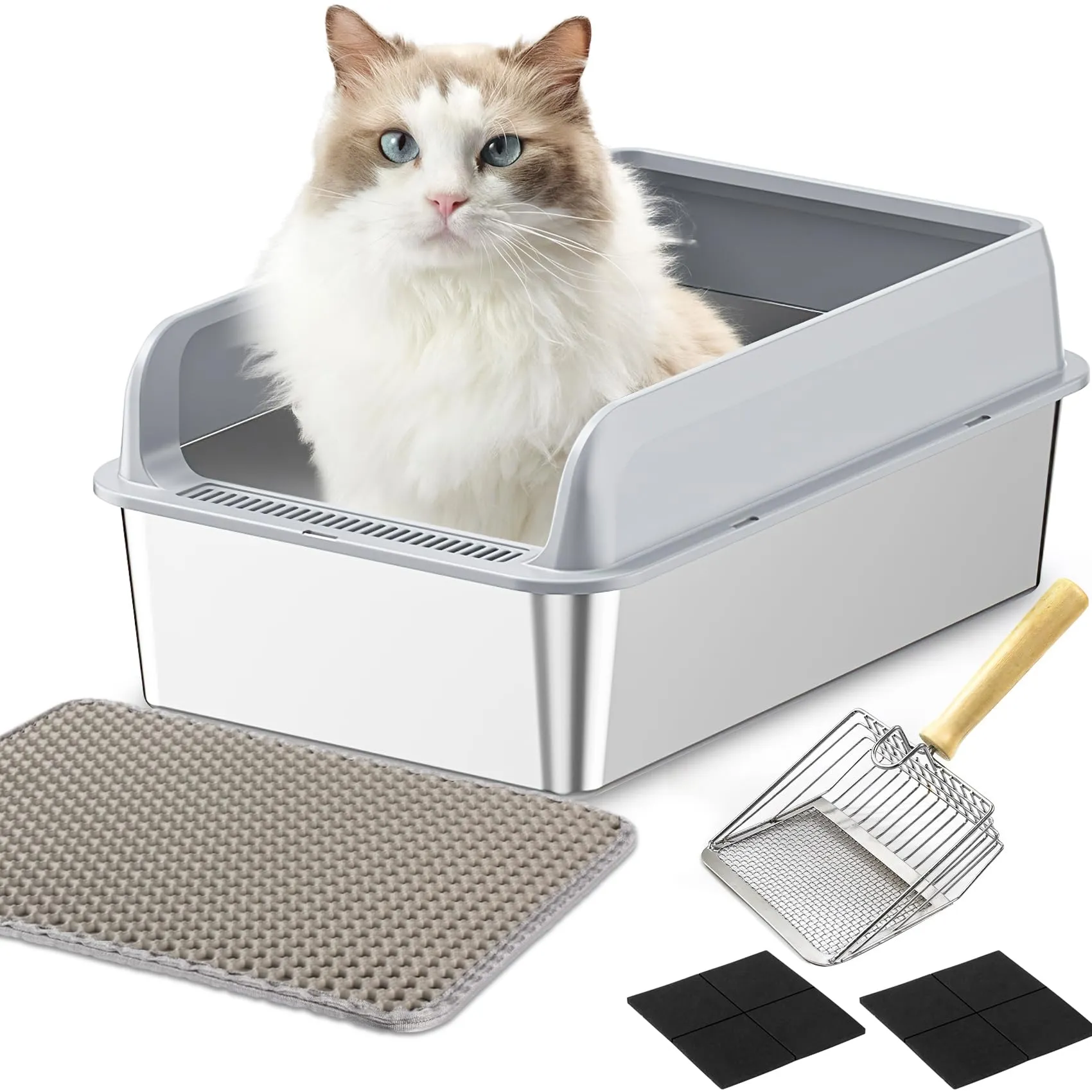 LADYSONS Lettiera per Gatti in Acciaio Inox, Grande, A Prova di Perdite, Facile da Pulire, Con Paletta e Tappetino, 50 x 35 x 20 cm - immagine 1
