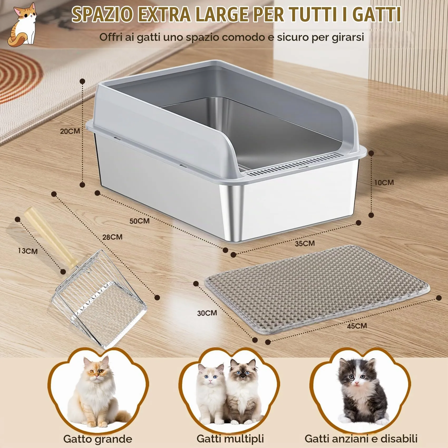 LADYSONS Lettiera per Gatti in Acciaio Inox, Grande, A Prova di Perdite, Facile da Pulire, Con Paletta e Tappetino, 50 x 35 x 20 cm - immagine 2