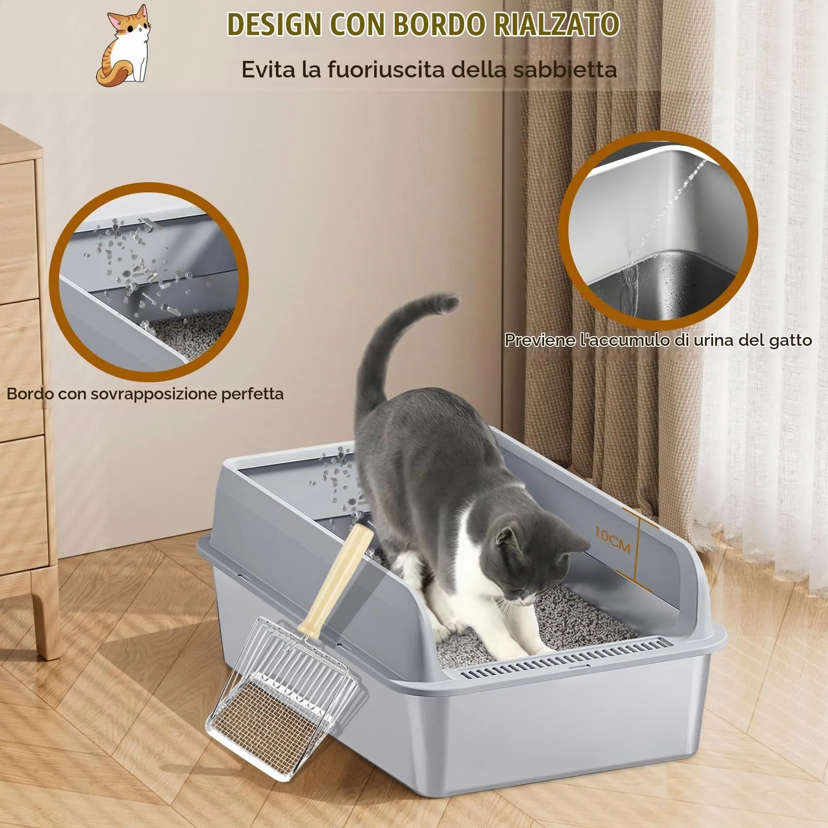 LADYSONS Lettiera per Gatti in Acciaio Inox, Grande, A Prova di Perdite, Facile da Pulire, Con Paletta e Tappetino, 50 x 35 x 20 cm - immagine 3