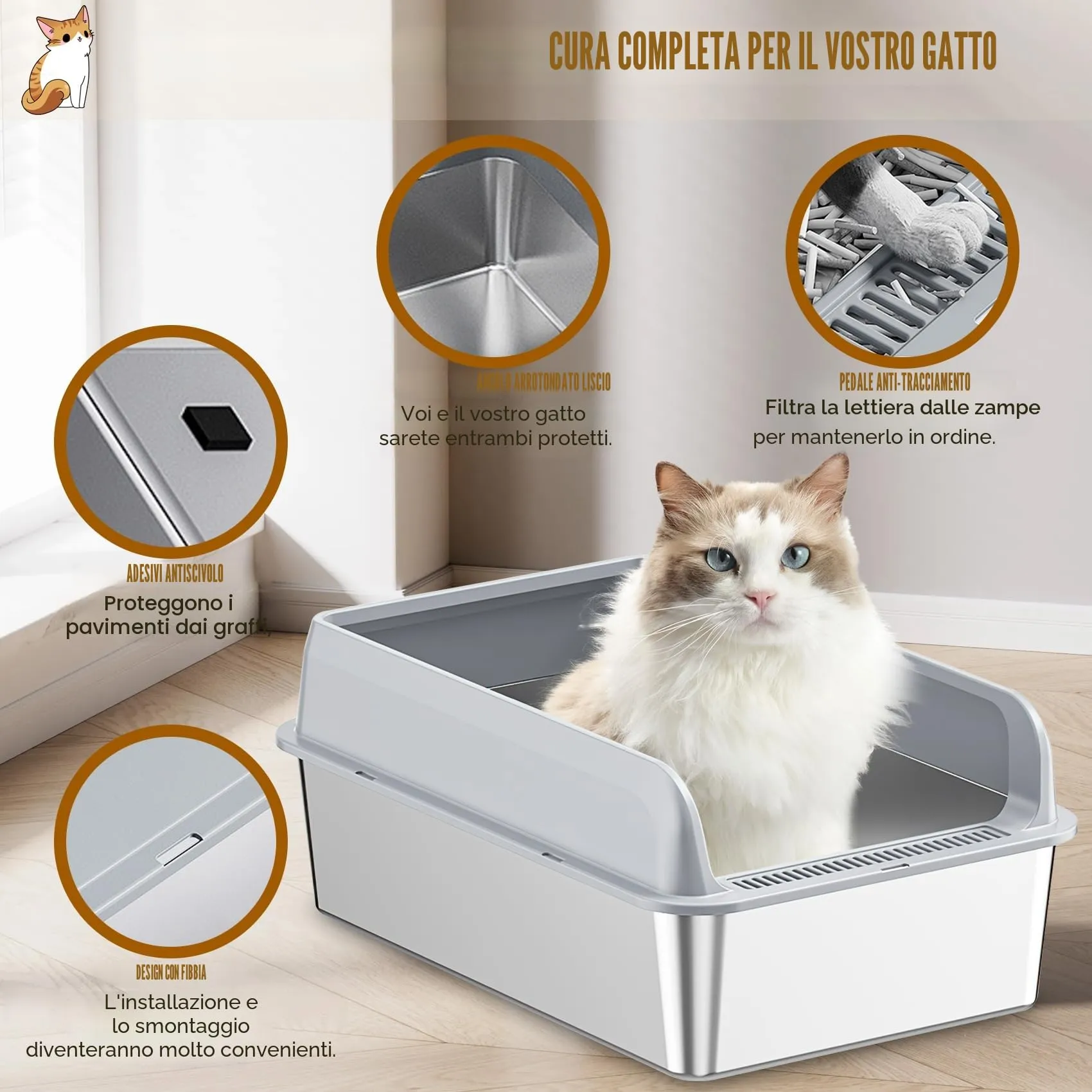 LADYSONS Lettiera per Gatti in Acciaio Inox, Grande, A Prova di Perdite, Facile da Pulire, Con Paletta e Tappetino, 50 x 35 x 20 cm - immagine 4