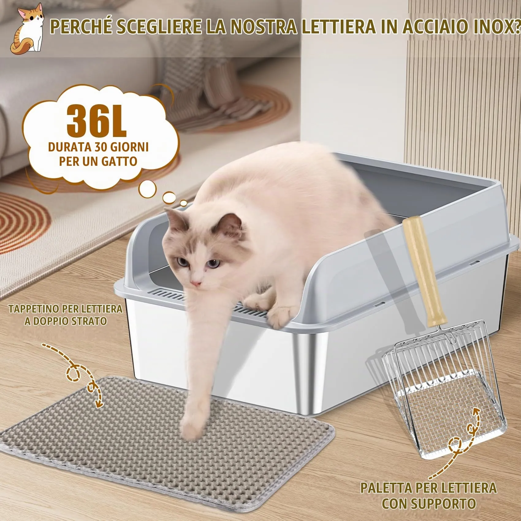 LADYSONS Lettiera per Gatti in Acciaio Inox, Grande, A Prova di Perdite, Facile da Pulire, Con Paletta e Tappetino, 50 x 35 x 20 cm - immagine 5