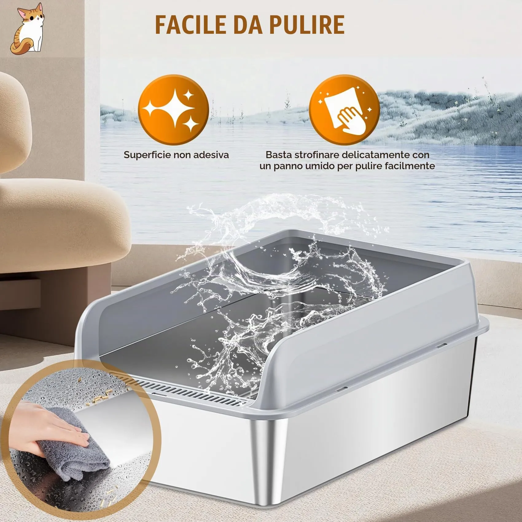 LADYSONS Lettiera per Gatti in Acciaio Inox, Grande, A Prova di Perdite, Facile da Pulire, Con Paletta e Tappetino, 50 x 35 x 20 cm - immagine 6