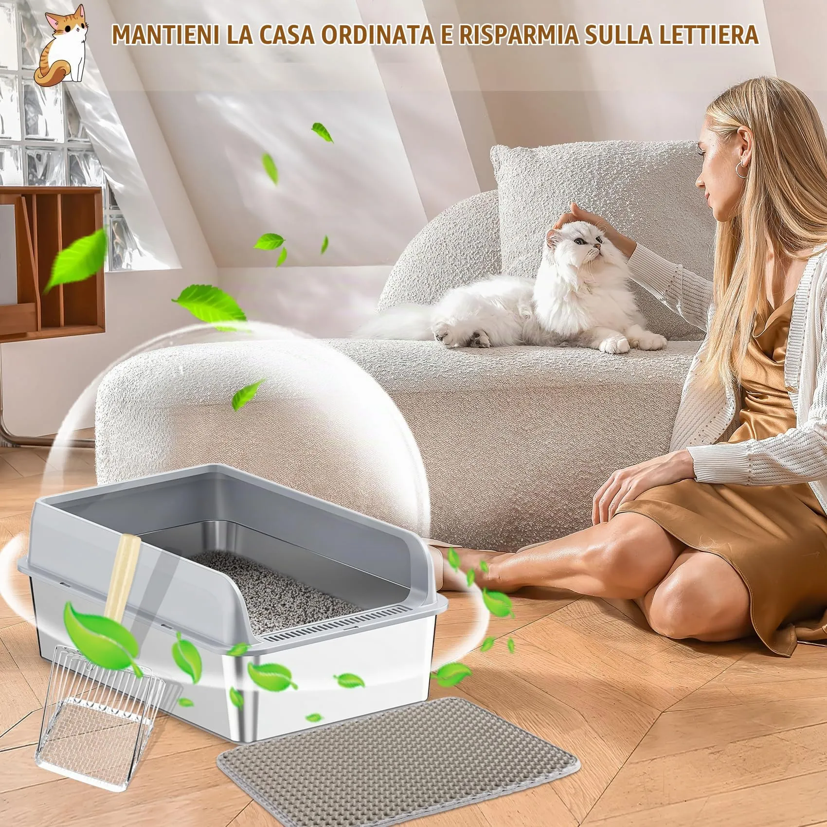 LADYSONS Lettiera per Gatti in Acciaio Inox, Grande, A Prova di Perdite, Facile da Pulire, Con Paletta e Tappetino, 50 x 35 x 20 cm - immagine 7