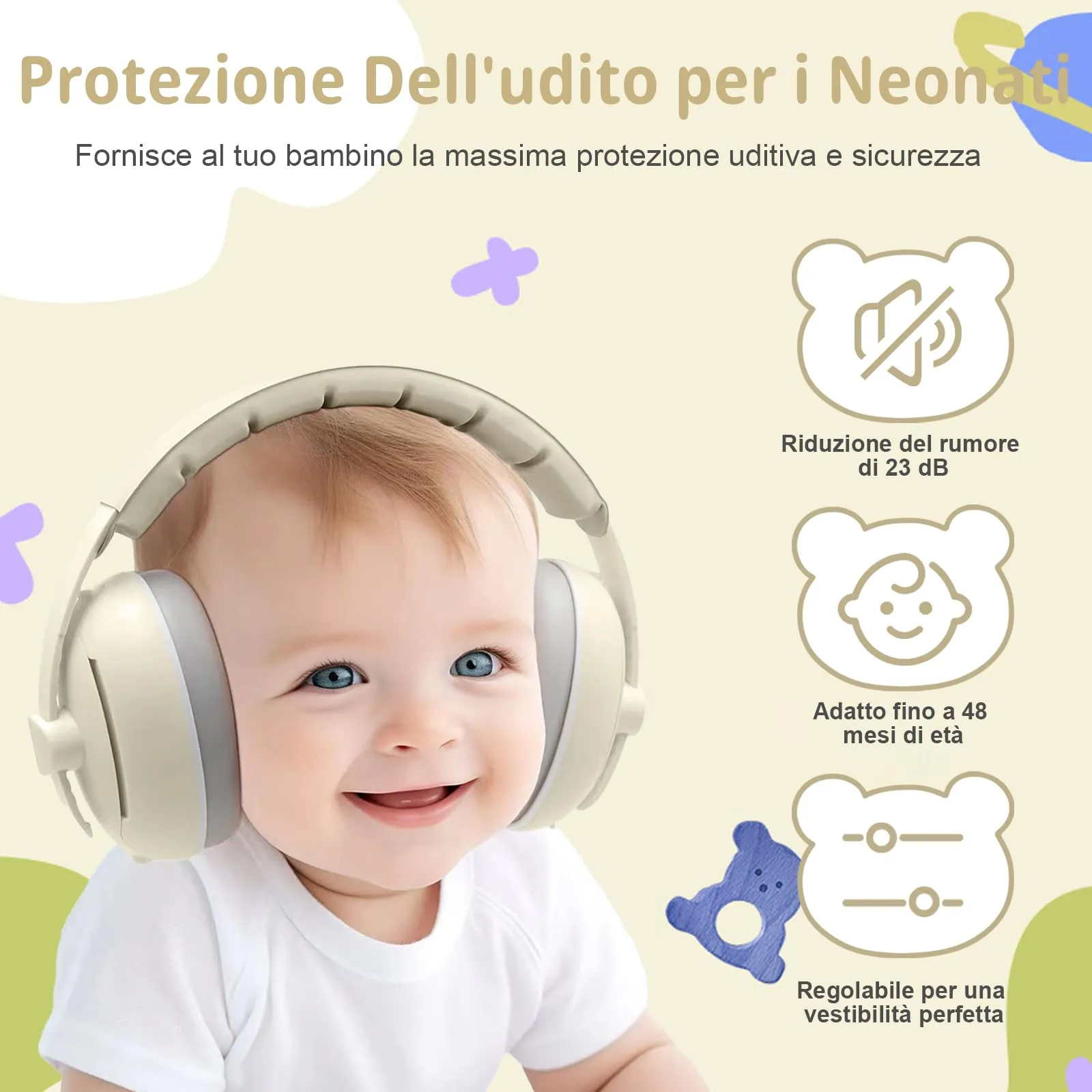 Robofun 2 in 1 Cuffie Neonato Antirumore, Protettori Acustici per Neonati -25dB, Fasce Regolabili, Protezione Acustica Ideale per Neonati fino a 48 Mesi, Confortevoli - Beige - immagine 2