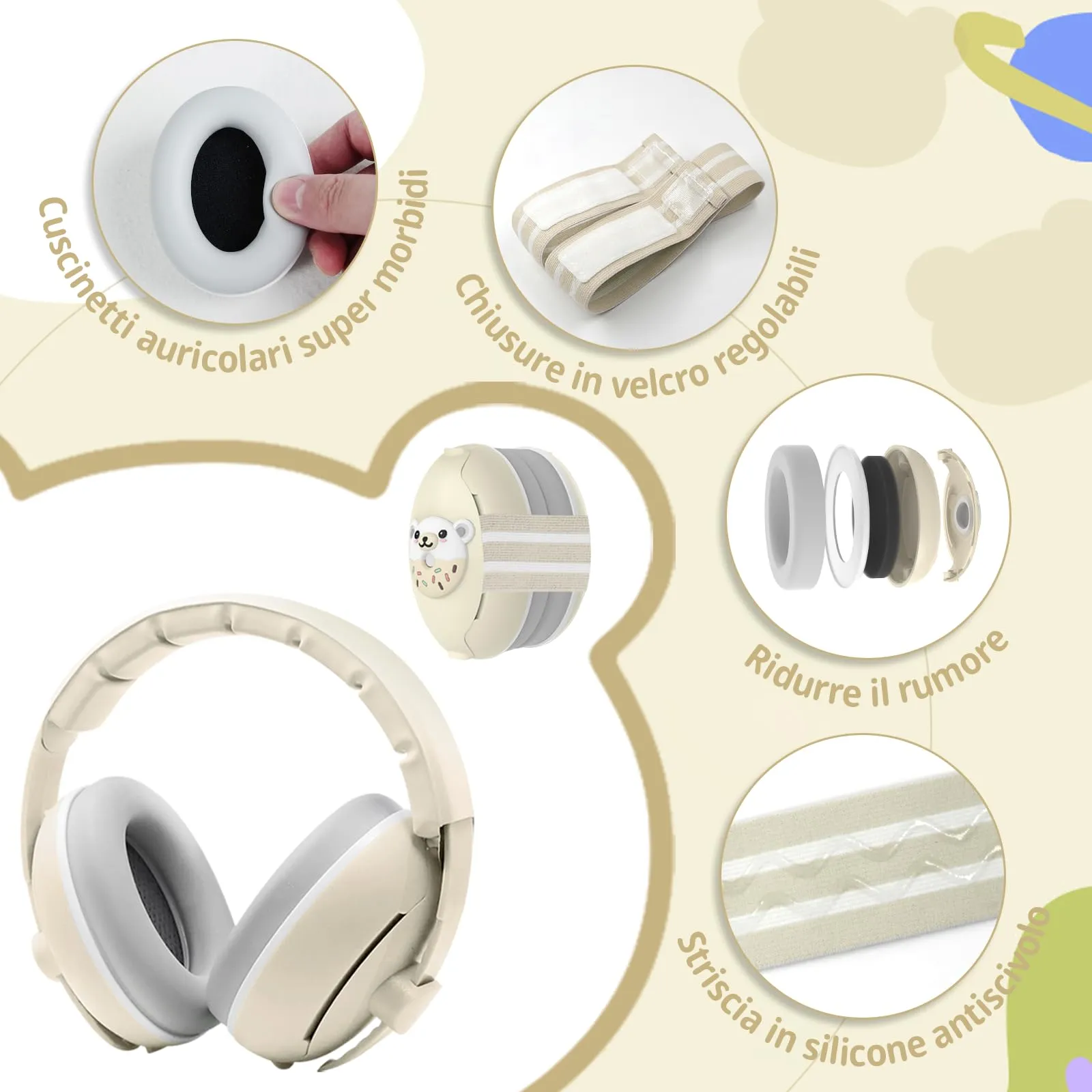 Robofun 2 in 1 Cuffie Neonato Antirumore, Protettori Acustici per Neonati -25dB, Fasce Regolabili, Protezione Acustica Ideale per Neonati fino a 48 Mesi, Confortevoli - Beige - immagine 5