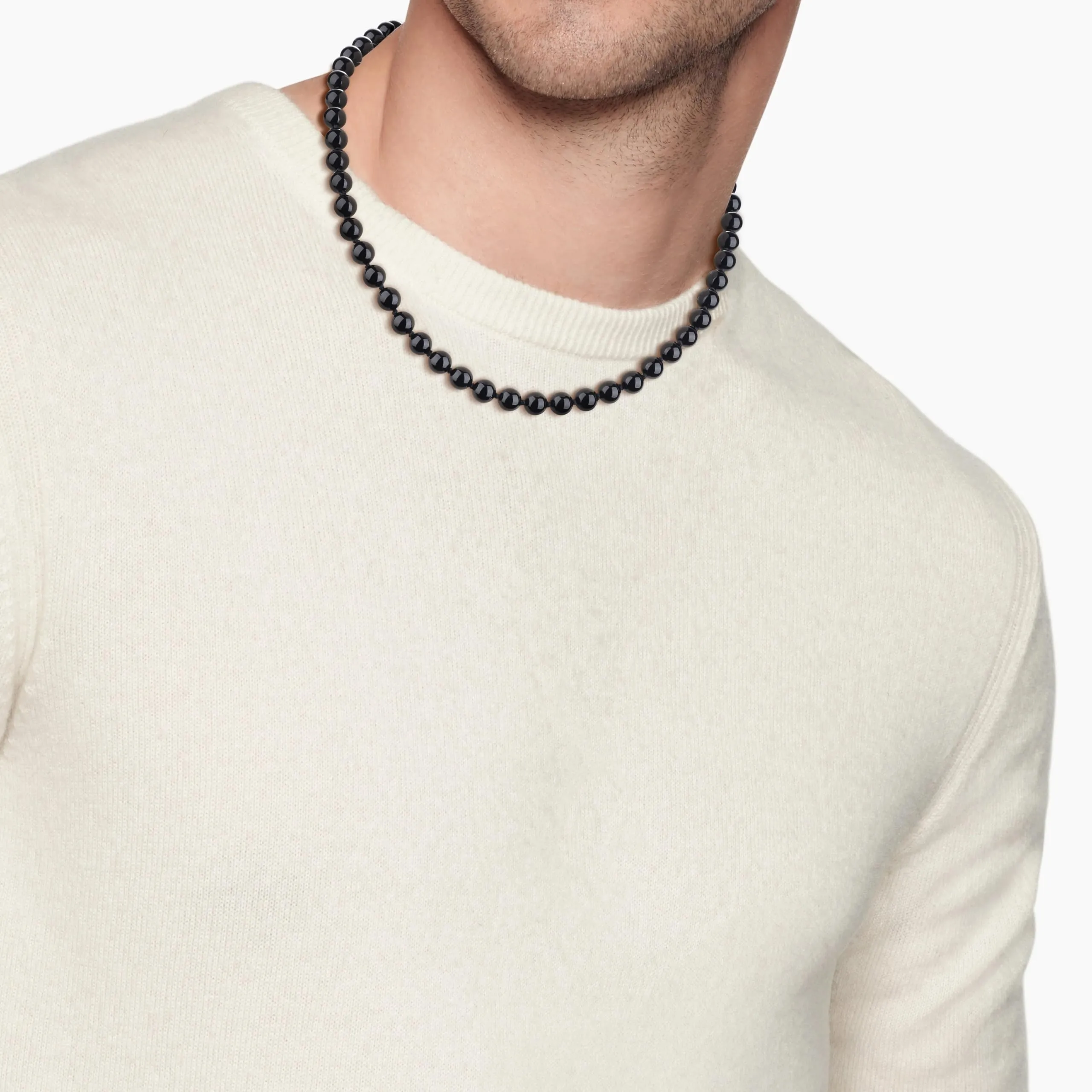 GAVU Collana Perle Nere da Uomo, Collana Uomo Onice Nero Annodata a Mano con Chiusura OT 50cm - immagine 2