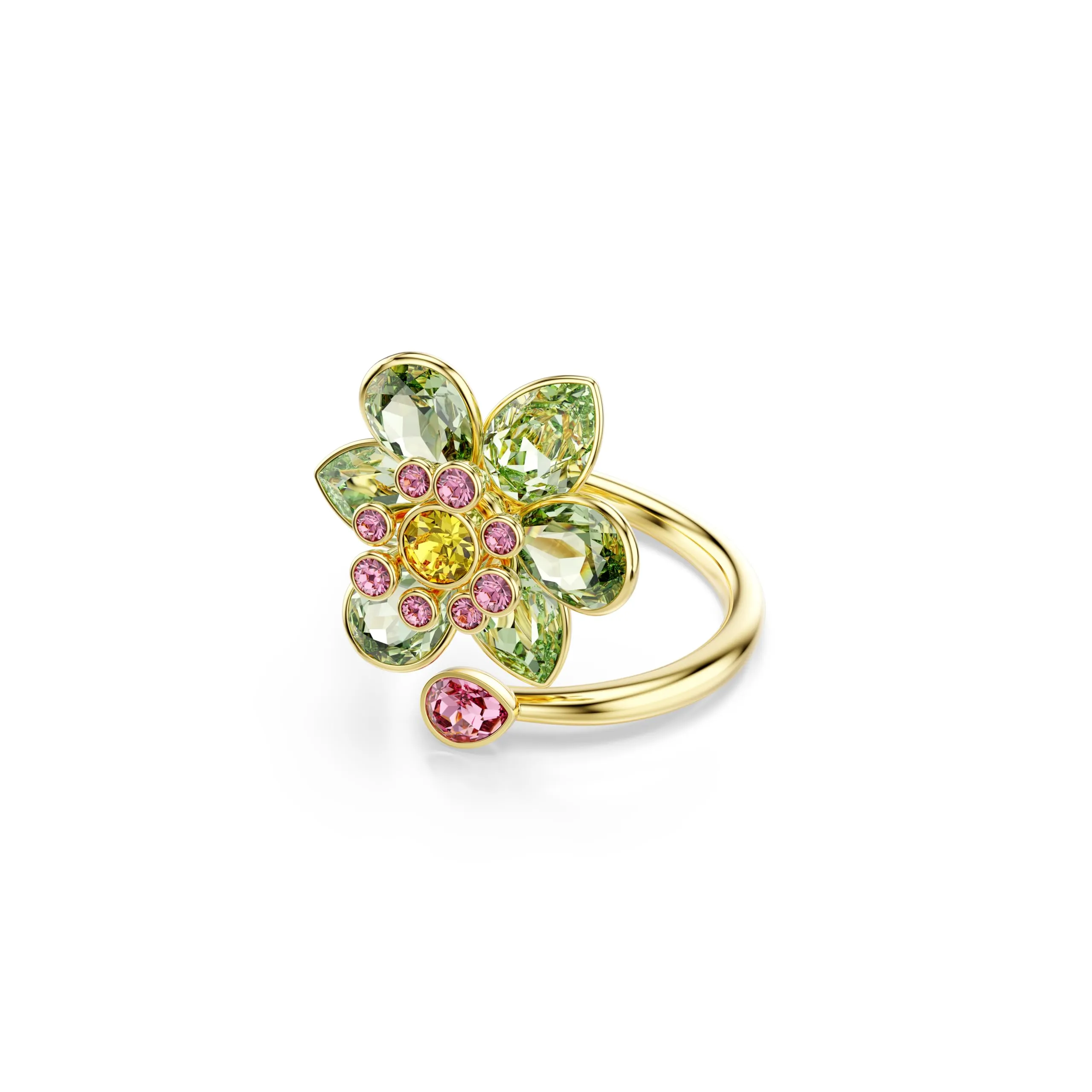 Swarovski Idyllia Anello Aperto, Gioiello Versatile con Cristalli Verdi, Rosa e Gialli, Pietre Preziose a Taglio Misto, Motivo a Fiore, Placcatura in Tonalità Oro, Taglia 60 - immagine 1