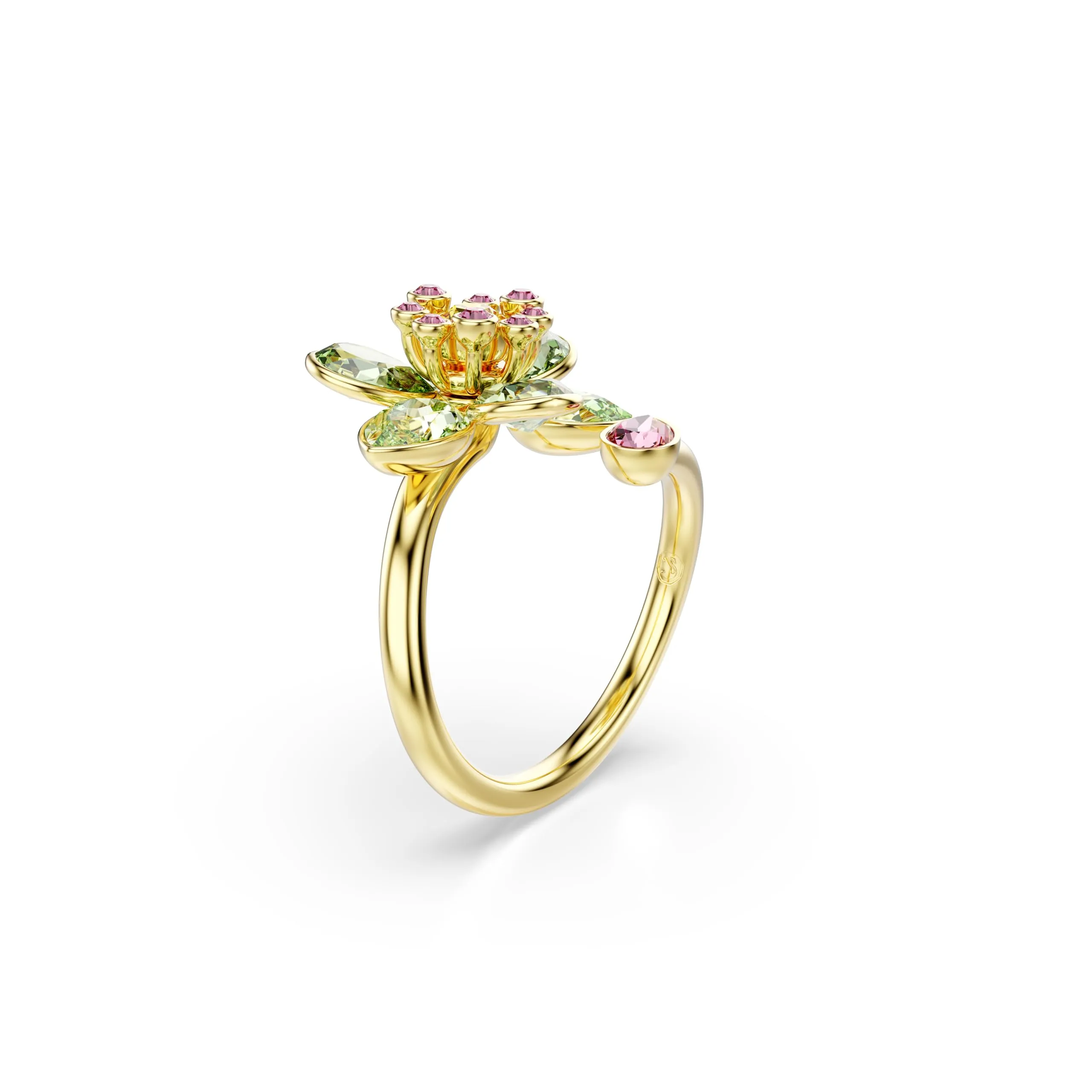 Swarovski Idyllia Anello Aperto, Gioiello Versatile con Cristalli Verdi, Rosa e Gialli, Pietre Preziose a Taglio Misto, Motivo a Fiore, Placcatura in Tonalità Oro, Taglia 60 - immagine 2