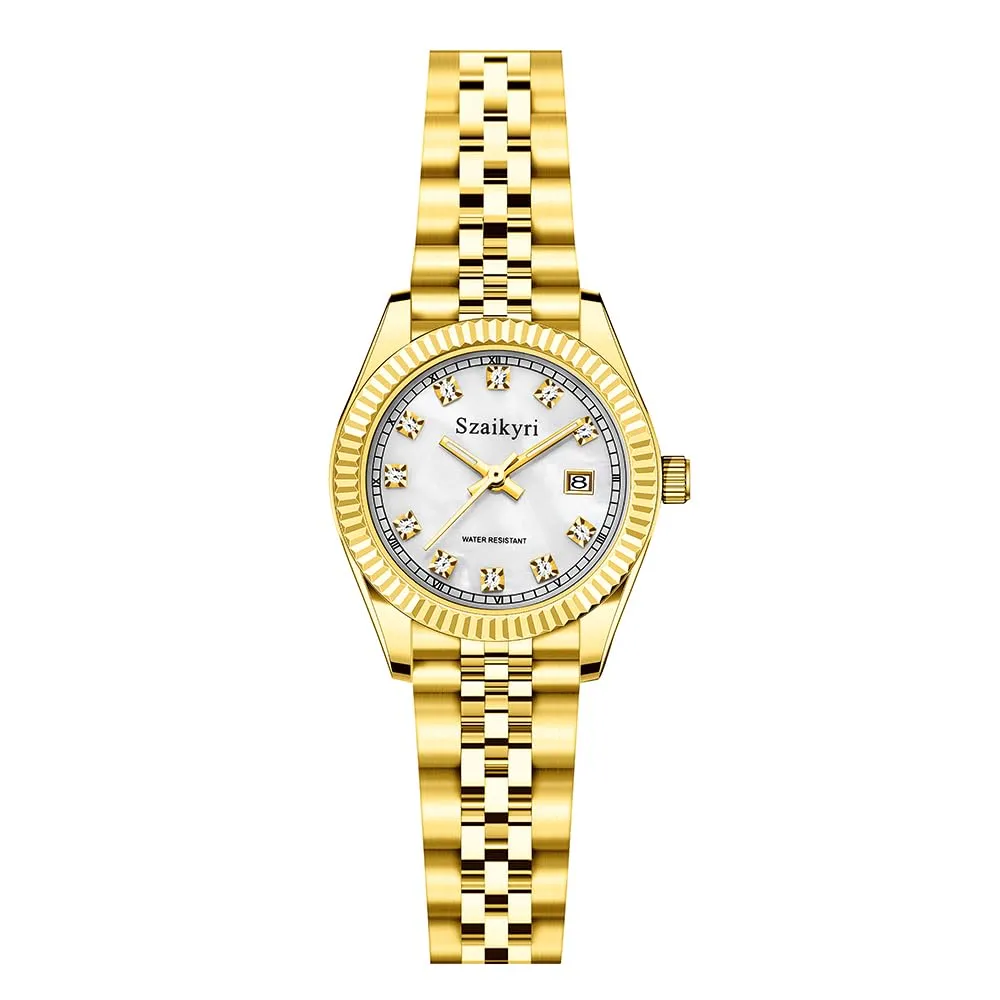 Szaikyri Orologio Donna con Calendario Classico Femminile con Ganciapia di Acciaio Inossidabile Solido Resistente All'Acqua Orologi da Compleanno per Donna (Gold White) - immagine 1