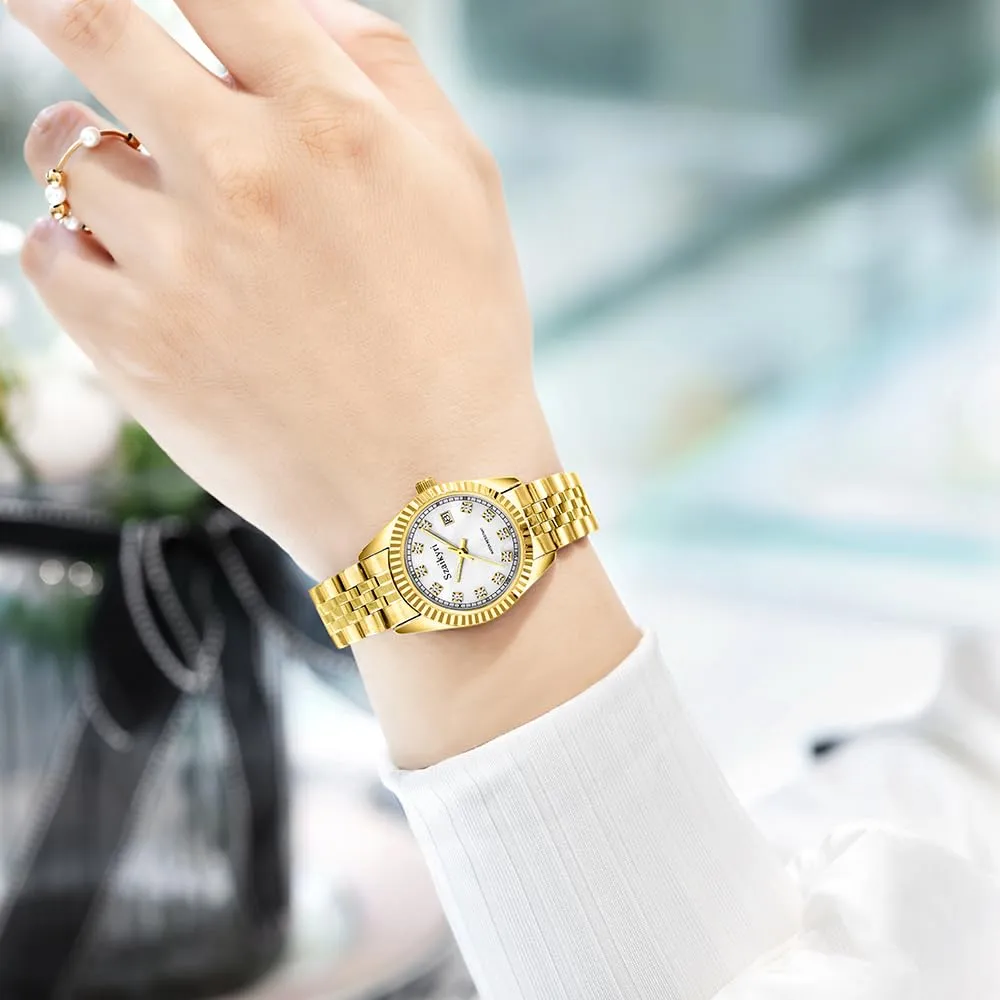 Szaikyri Orologio Donna con Calendario Classico Femminile con Ganciapia di Acciaio Inossidabile Solido Resistente All'Acqua Orologi da Compleanno per Donna (Gold White) - immagine 2