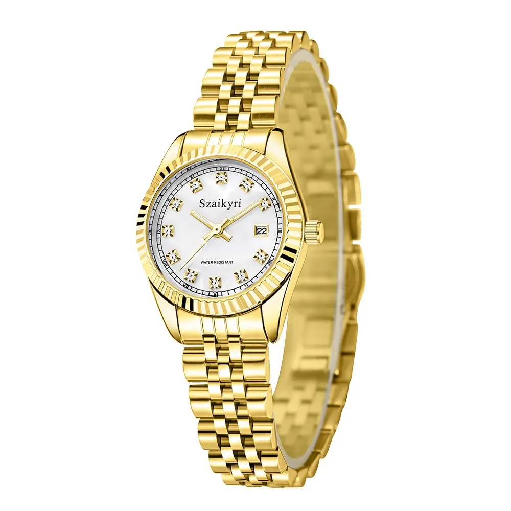 Szaikyri Orologio Donna con Calendario Classico Femminile con Ganciapia di Acciaio Inossidabile Solido Resistente All'Acqua Orologi da Compleanno per Donna (Gold White) - immagine 3