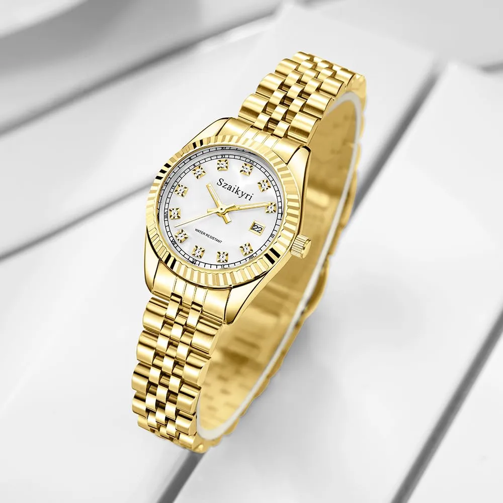 Szaikyri Orologio Donna con Calendario Classico Femminile con Ganciapia di Acciaio Inossidabile Solido Resistente All'Acqua Orologi da Compleanno per Donna (Gold White) - immagine 4