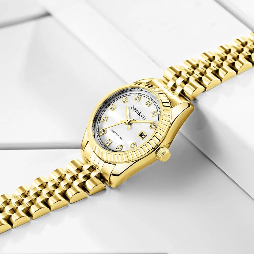 Szaikyri Orologio Donna con Calendario Classico Femminile con Ganciapia di Acciaio Inossidabile Solido Resistente All'Acqua Orologi da Compleanno per Donna (Gold White) - immagine 5
