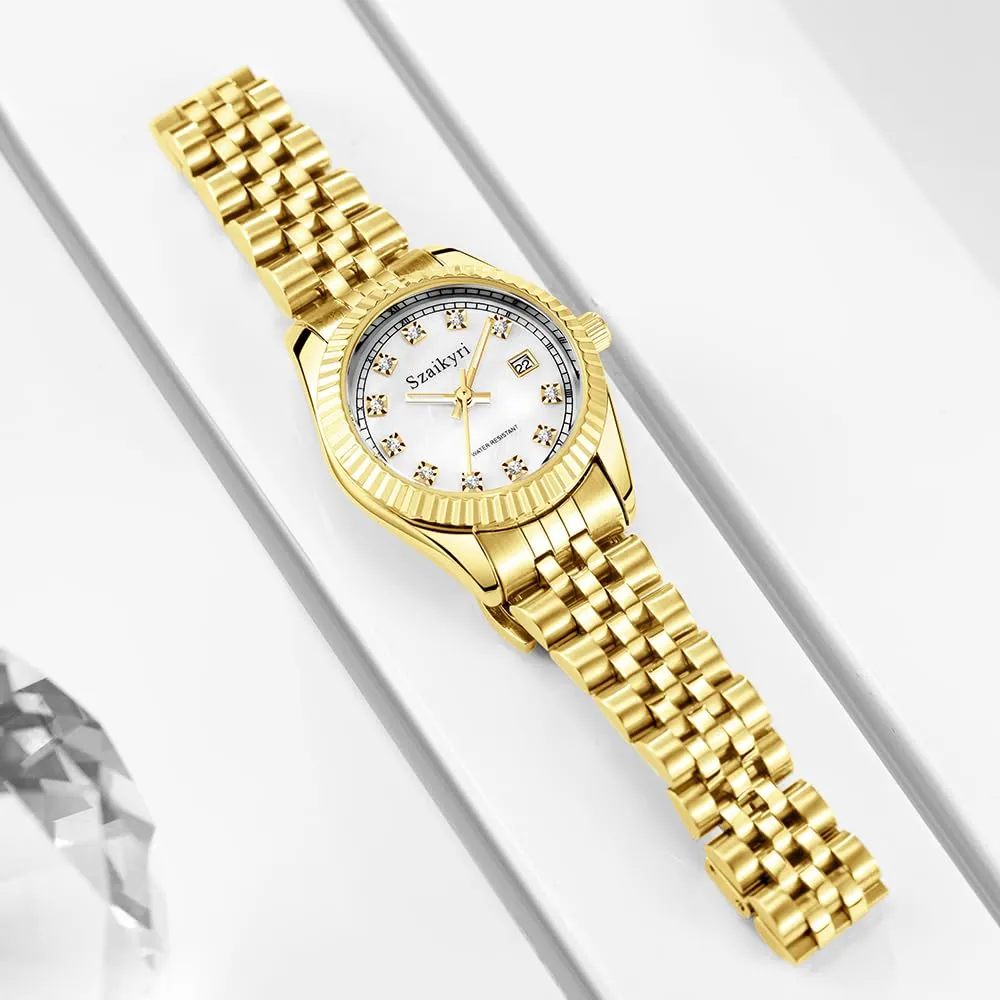 Szaikyri Orologio Donna con Calendario Classico Femminile con Ganciapia di Acciaio Inossidabile Solido Resistente All'Acqua Orologi da Compleanno per Donna (Gold White) - immagine 6