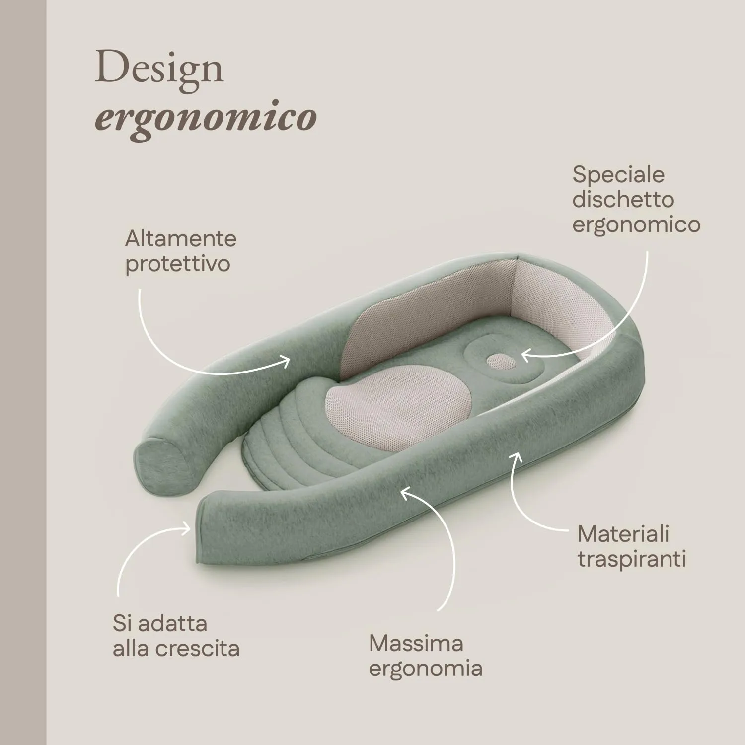 Inglesina Welcome Pod Baby Nest Ergonomico 0-8 Mesi, Riduttore Lettino Traspirante in Bambù e Cotone, Sfoderabile e Lavabile (Balance Green) - immagine 2