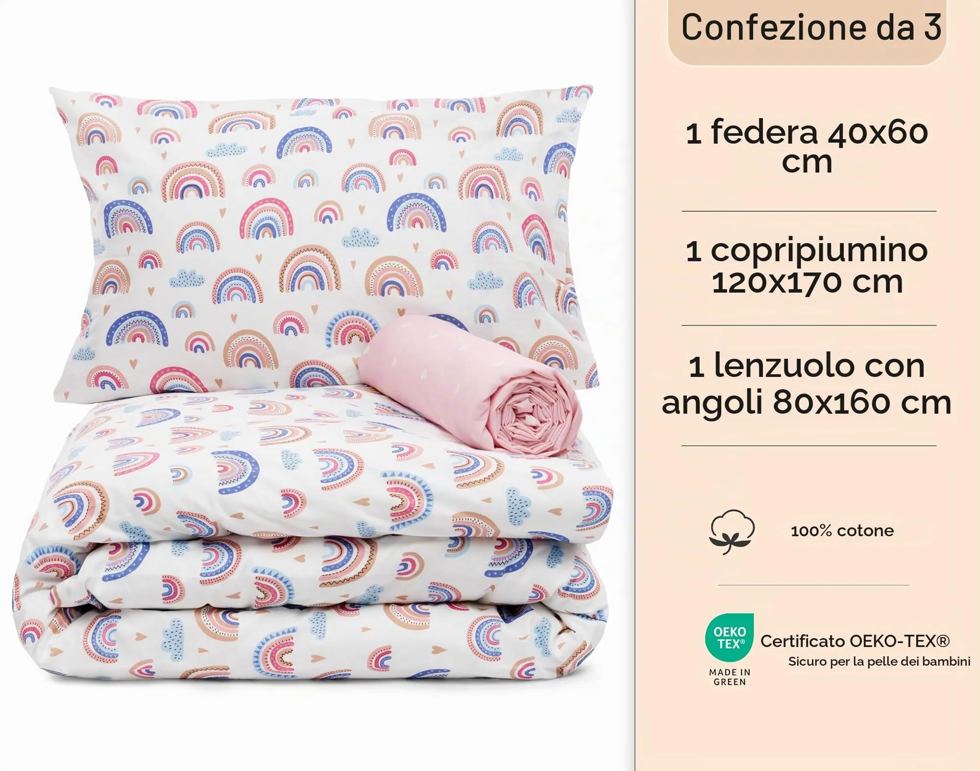 Lovely Hippo Lenzuola 80 x 160 cm con angoli + Copripiumino 120x170 cm + Federa per Cuscino per bambini (Arcobaleno, Letto 80x160cm - Set 3 pezzi) - immagine 2