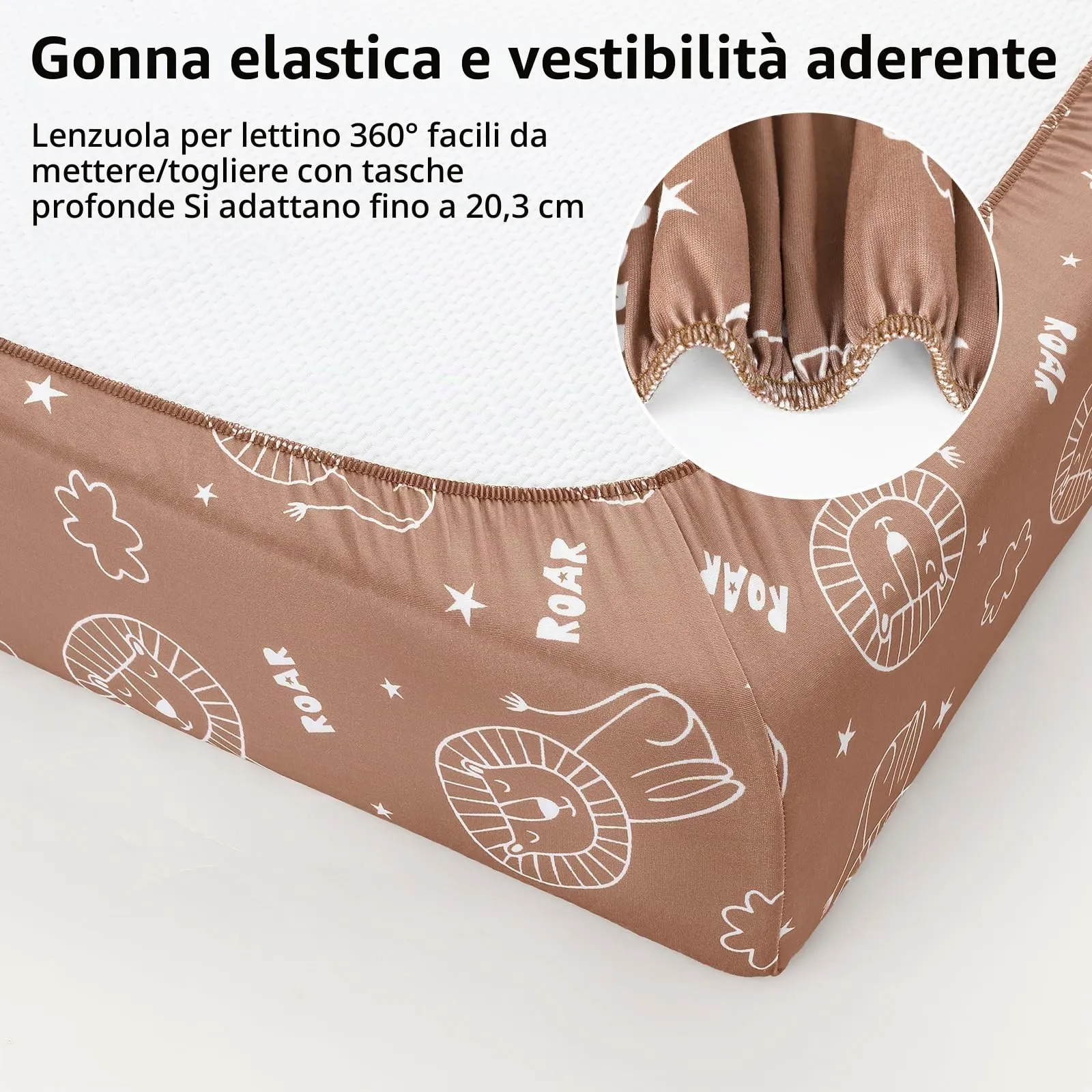 FIEMOL Lenzuola per Lettino Unisex Confezione da 3 - Microfibra Ultra Morbida Leone Marrone - Neutro per Maschi e Femmine - Per Materasso Lettino Standard 52"x28" - immagine 5