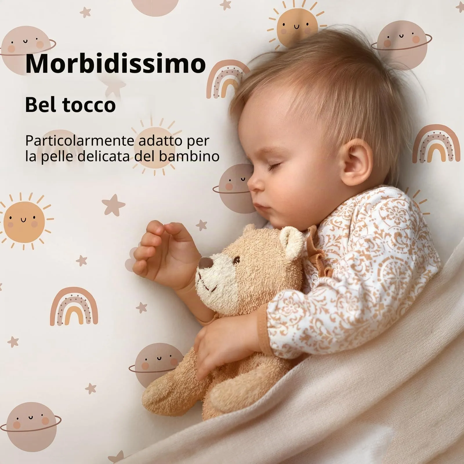 FIEMOL Lenzuola per Lettino Unisex Confezione da 3 - Microfibra Ultra Morbida Sole Arancione e Arcobaleno - Neutro per Maschi e Femmine - Per Materasso Lettino Standard 52"x28" - immagine 2