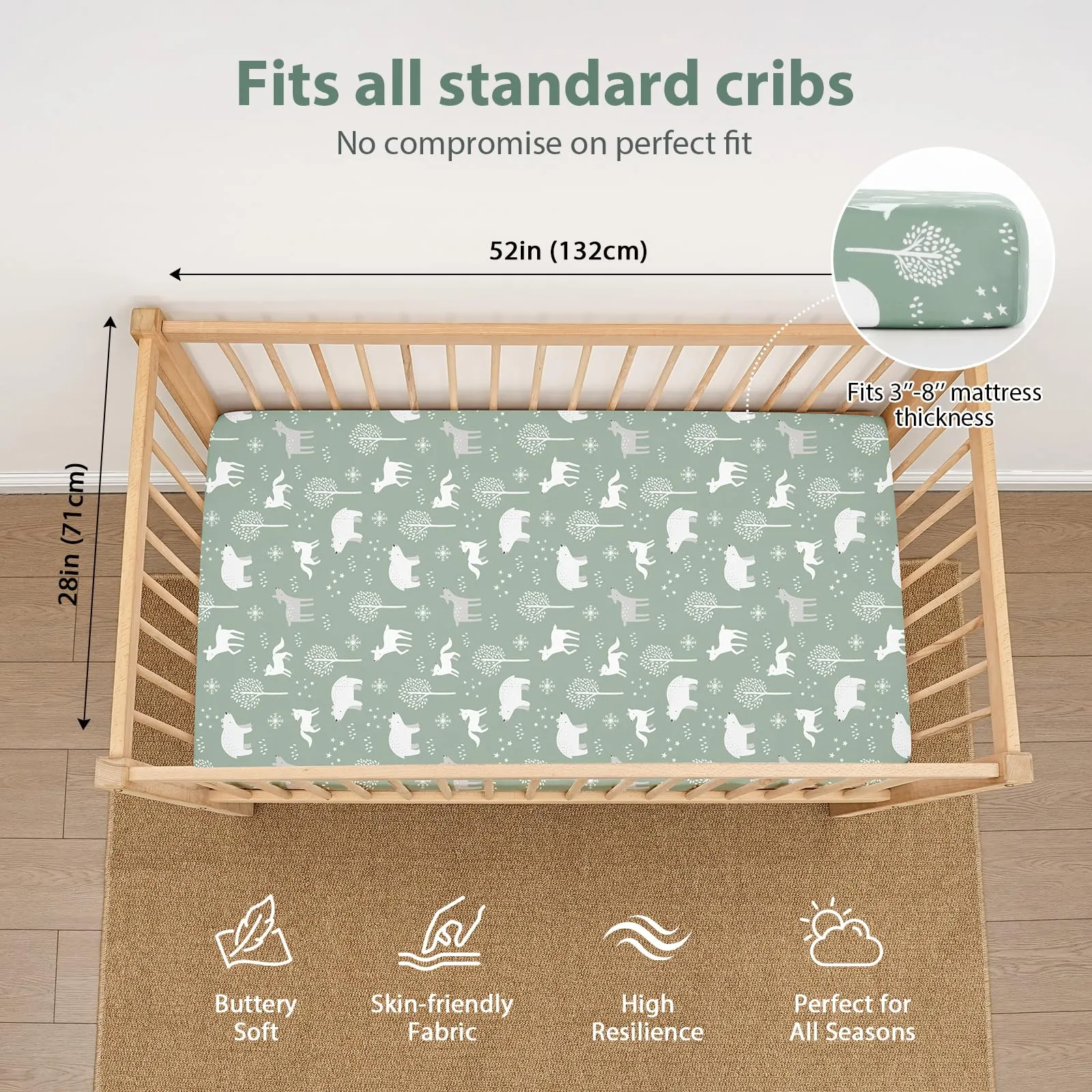 FIEMOL Lenzuola per Lettino Unisex Confezione da 3 - Microfibra Ultra Morbida Orso del Bosco Verde - Neutro per Maschi e Femmine - Per Materasso Lettino Standard 52"x28" - immagine 2