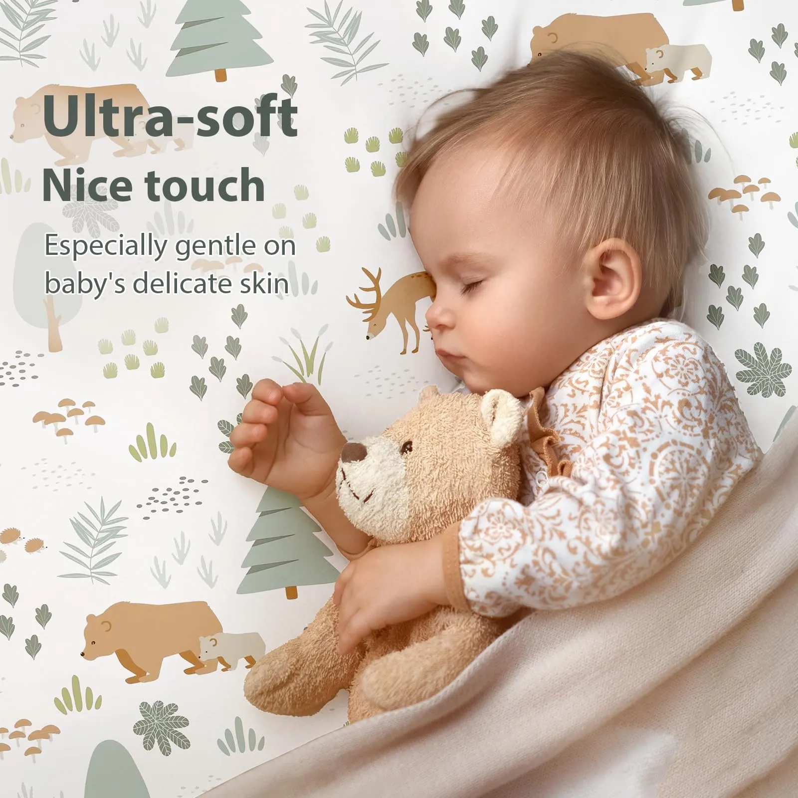 FIEMOL Lenzuola per Lettino Unisex Confezione da 3 - Microfibra Ultra Morbida Orso del Bosco Verde - Neutro per Maschi e Femmine - Per Materasso Lettino Standard 52"x28" - immagine 3