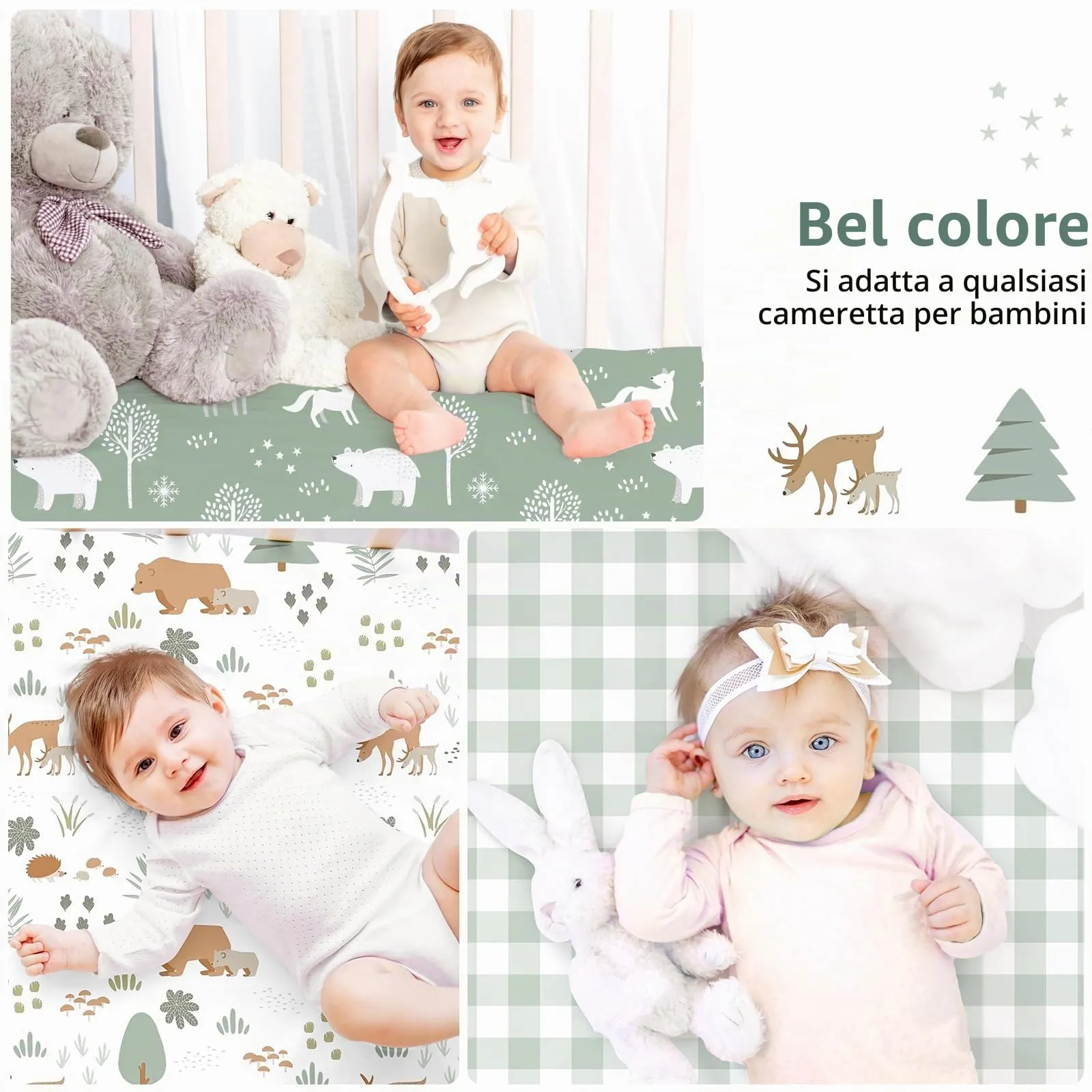 FIEMOL Lenzuola per Lettino Unisex Confezione da 3 - Microfibra Ultra Morbida Orso del Bosco Verde - Neutro per Maschi e Femmine - Per Materasso Lettino Standard 52"x28" - immagine 8