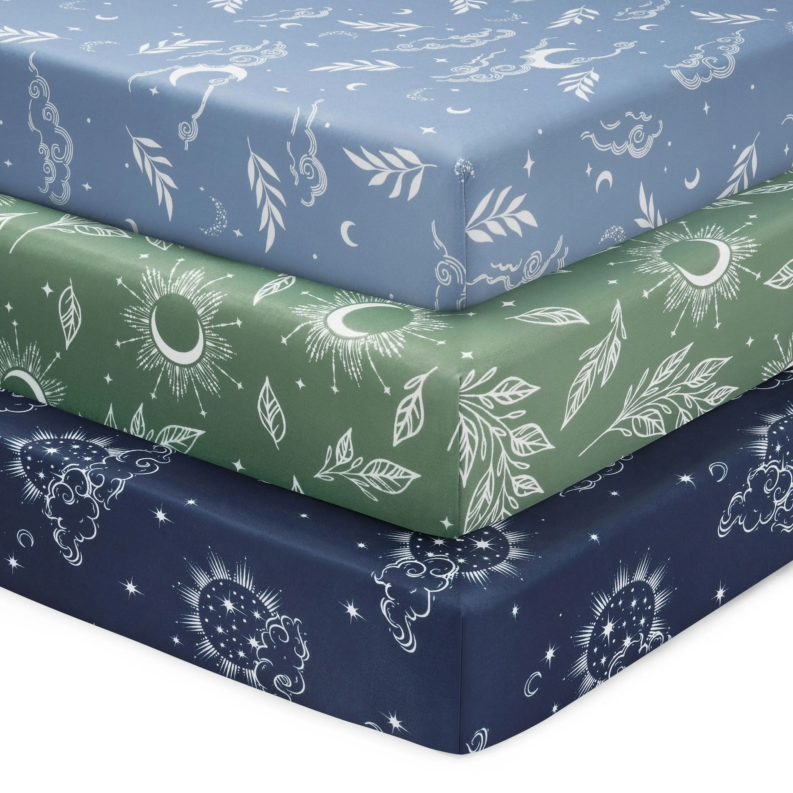 FIEMOL Lenzuola per Lettino Unisex Confezione da 3 - Microfibra Ultra Morbida Cielo Stellato Verde - Neutro per Maschi e Femmine - Per Materasso Lettino Standard 52"x28" - immagine 1