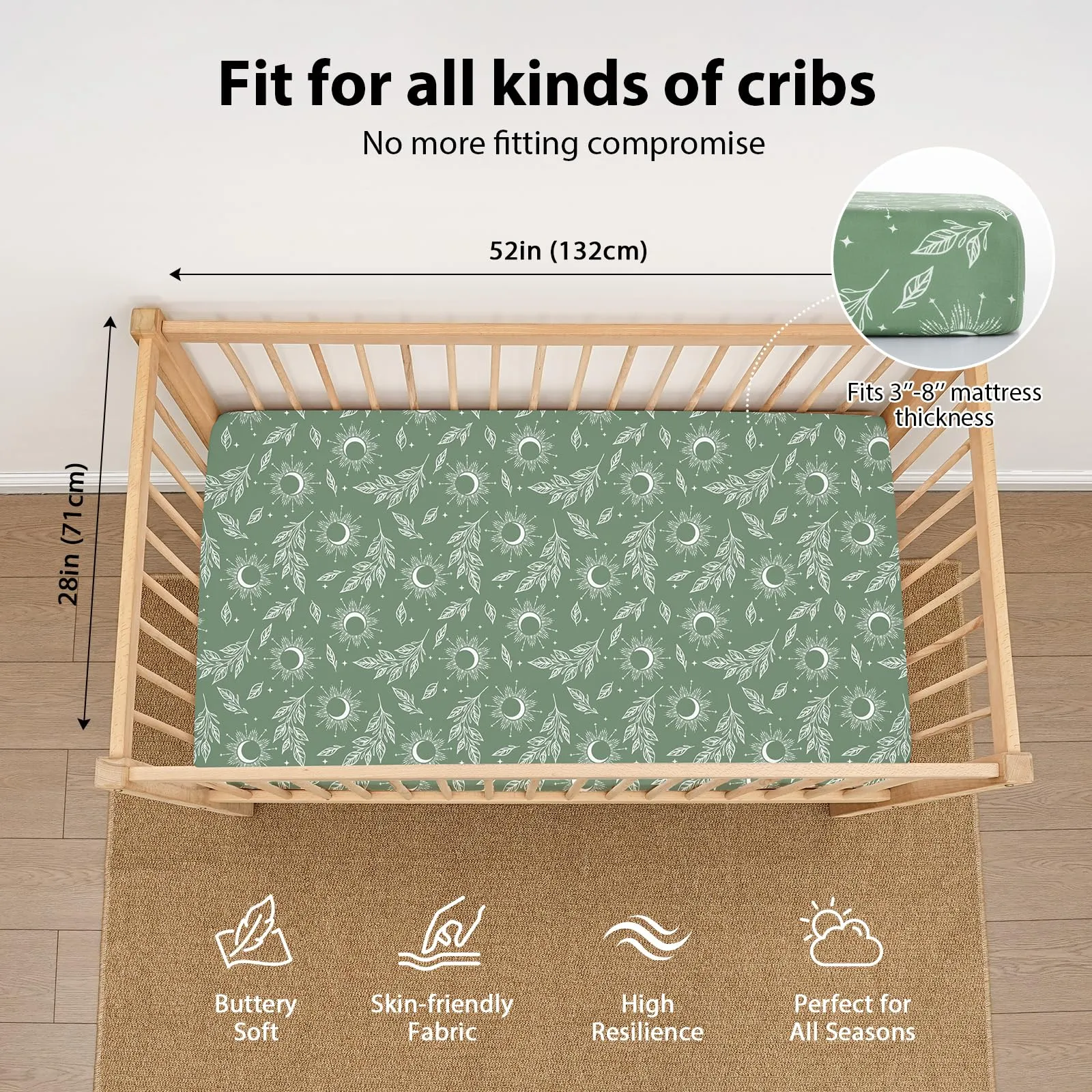 FIEMOL Lenzuola per Lettino Unisex Confezione da 3 - Microfibra Ultra Morbida Cielo Stellato Verde - Neutro per Maschi e Femmine - Per Materasso Lettino Standard 52"x28" - immagine 3