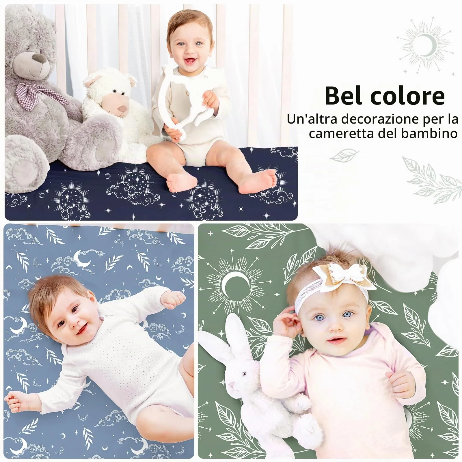 FIEMOL Lenzuola per Lettino Unisex Confezione da 3 - Microfibra Ultra Morbida Cielo Stellato Verde - Neutro per Maschi e Femmine - Per Materasso Lettino Standard 52"x28" - immagine 6